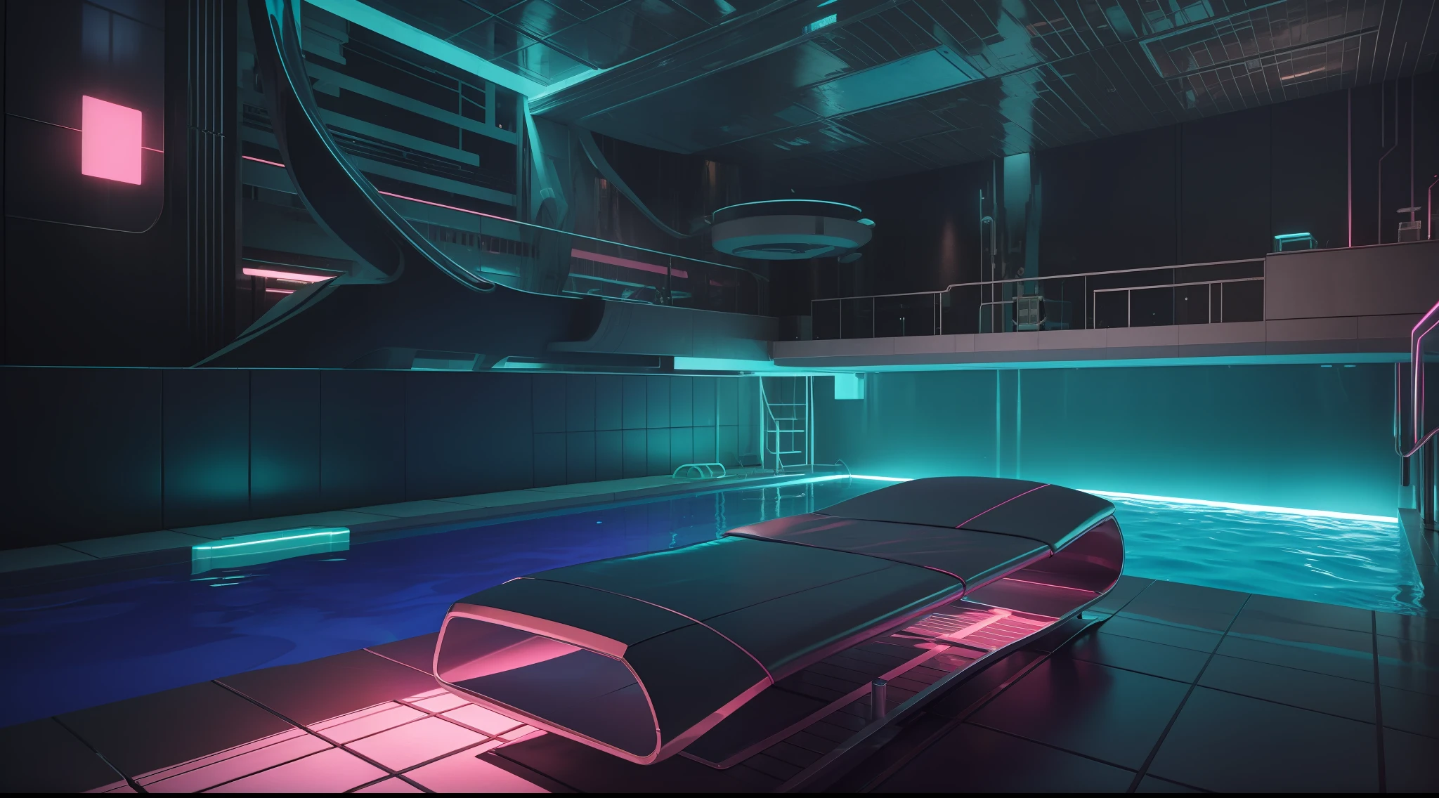 A close-up of a pool with a sun lounger, neon, a pool inside a cyberpunk building, futuristic architectural art, cyberpunk architecture, Vincent Callebaut, dream pool, beautiful 3D rendering, beautiful 3D rendering, underwater house