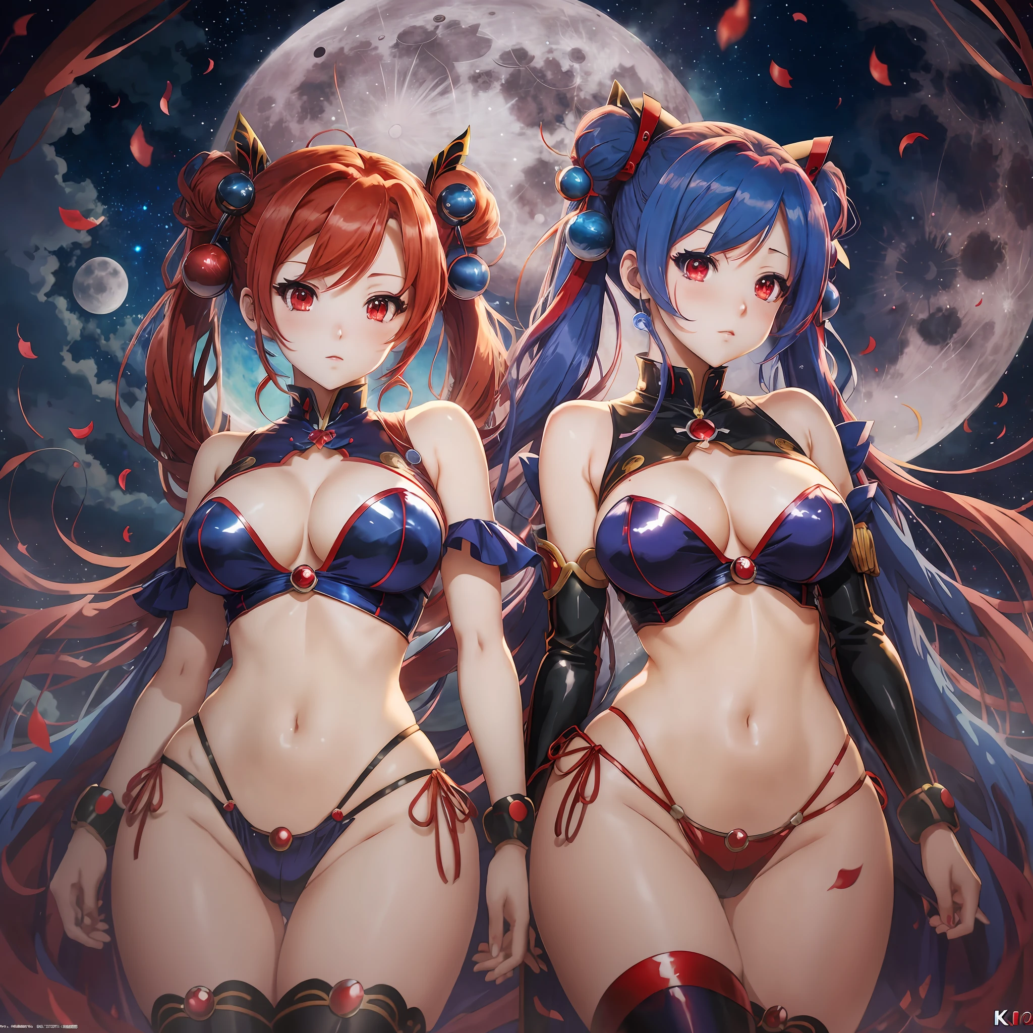 Red and blue hair, anime girl in sexy costume posing in front of full moon, 2 beautiful anime girls, anime girl, night core, anime style 4K, best anime 4K Conachan wallpaper, 2 pure moons, twin tails, ultra hd anime wallpaper, 4k anime wallpaper --auto --s2