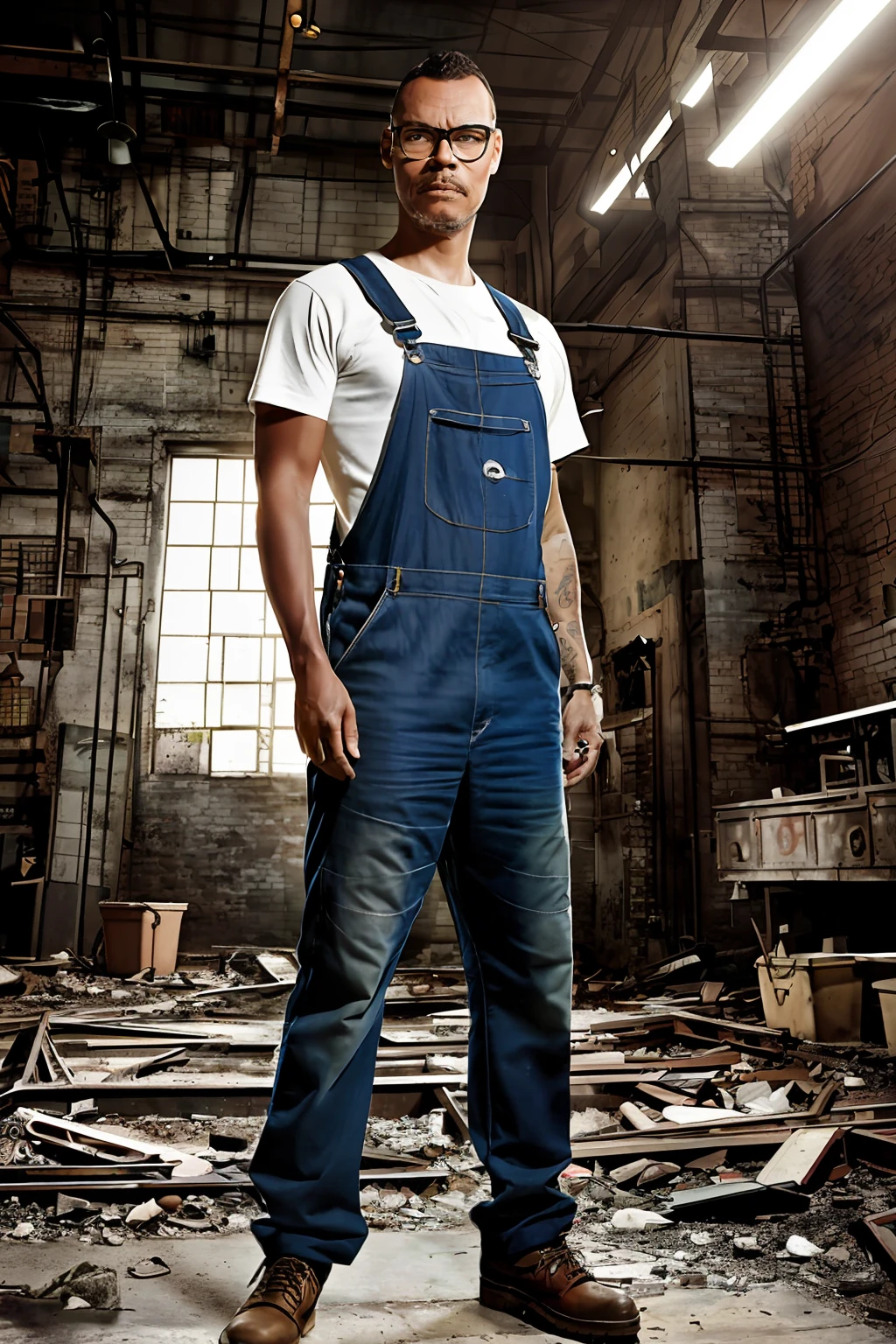 guttonerdvision5, Man with glasses, detailed face, realistic, overalls, abandoned factory, grown-up, garbage, beautiful lighting, detailed, night sun, vintage colors, sepia, by Martin Ansin