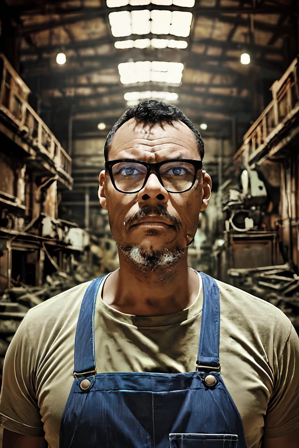 guttonerdvision5, Man with glasses, detailed face, realistic, overalls, abandoned factory, grown-up, garbage, beautiful lighting, detailed, night sun, vintage colors, sepia, by Martin Ansin