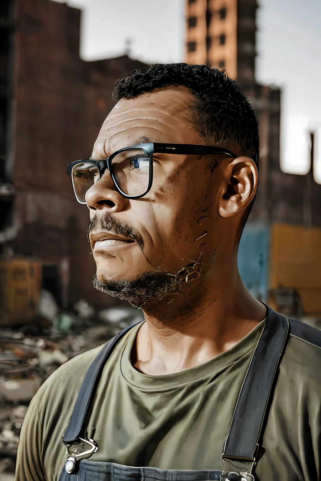 guttonerdvision5, Man with glasses, detailed face, realistic, overalls, abandoned factory, grown-up, garbage, beautiful lighting, detailed, night sun, vintage colors, sepia, by Martin Ansin