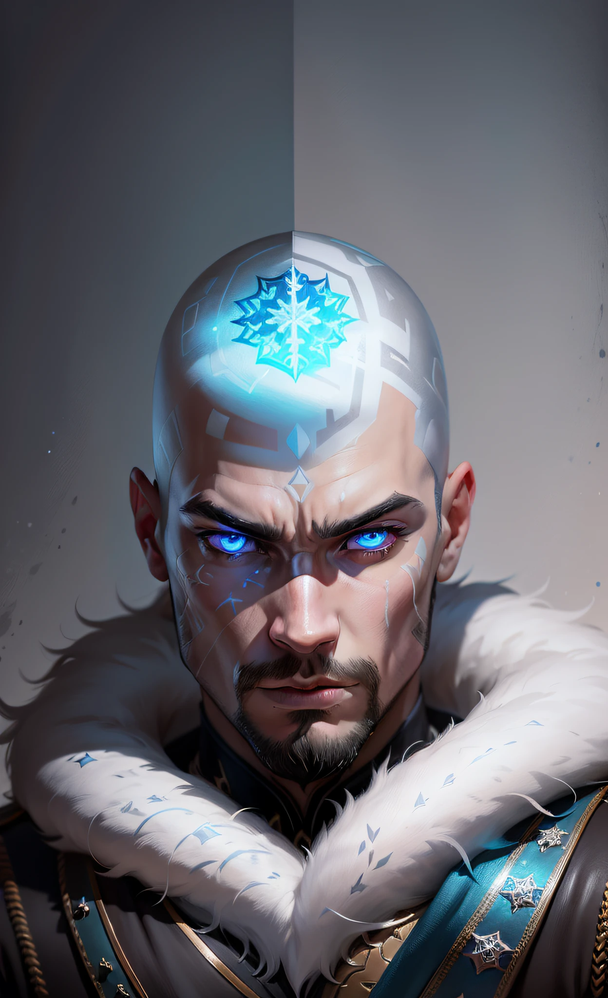 There is a man with an ice-colored eye and a luminous snowflake-shaped tattoo on his head, he is 21 years old and sports neither beard nor goatee, portrait of a magician, closeup portrait of a magician, fantasy concept art portrait, RPG portrait concept art, painted in the arcane style, Fancy male portrait, concept headshot art, amazing viego portrait, character concept art portrait, concept portrait, arcane concept art