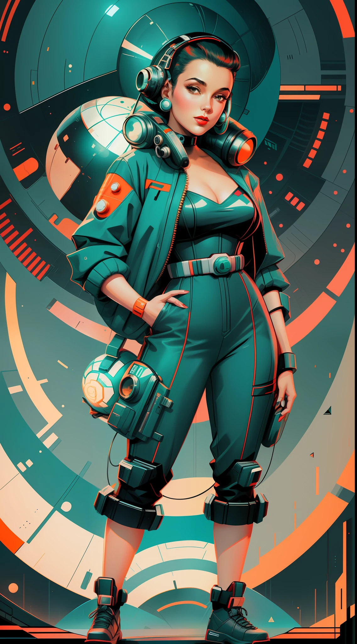 retro scifi art,vintage,1pinup girl with techwear clothes,simple geometric and spherical shapes in the background