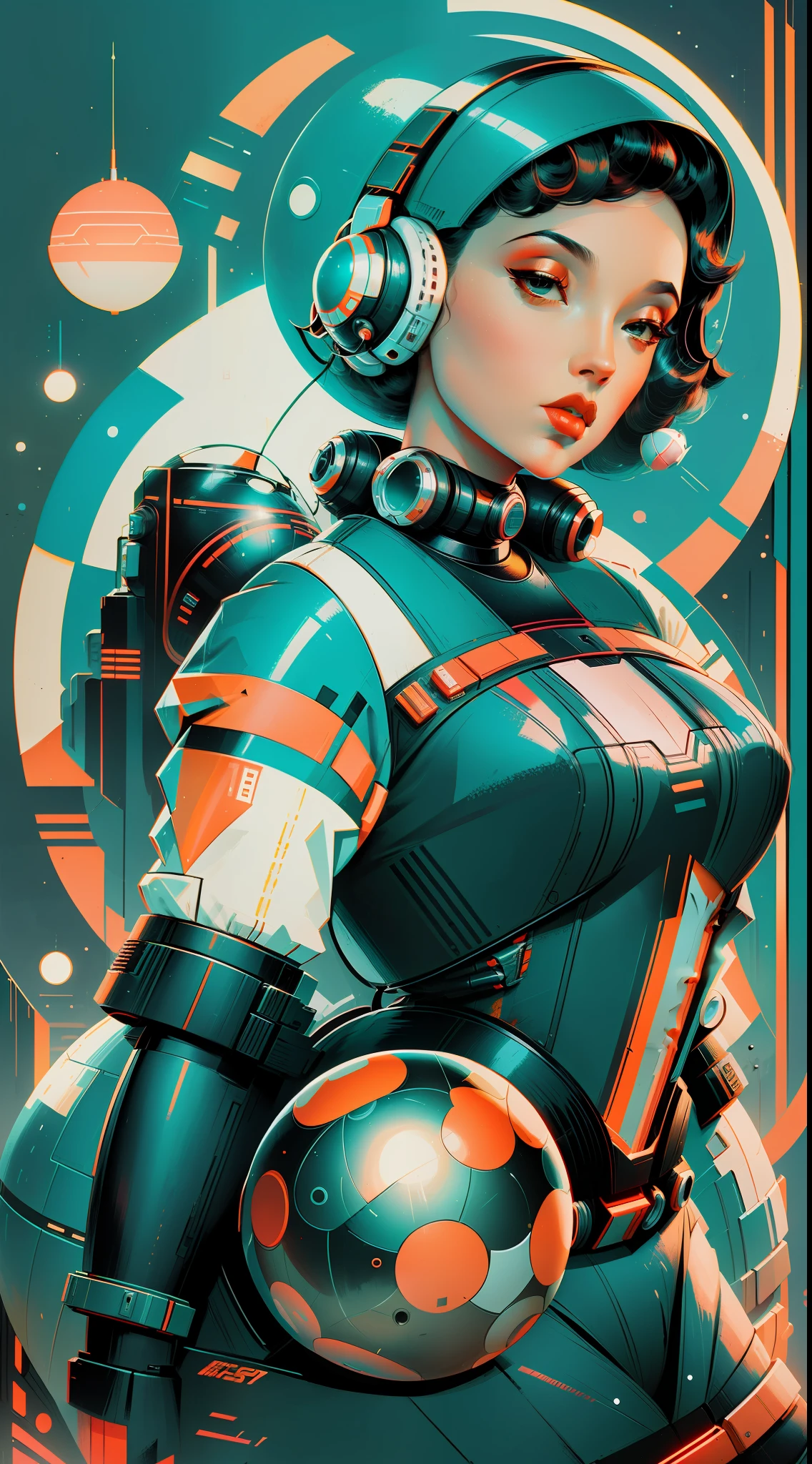 retro scifi art,vintage,1pinup girl with techwear clothes,simple geometric and spherical shapes in the background