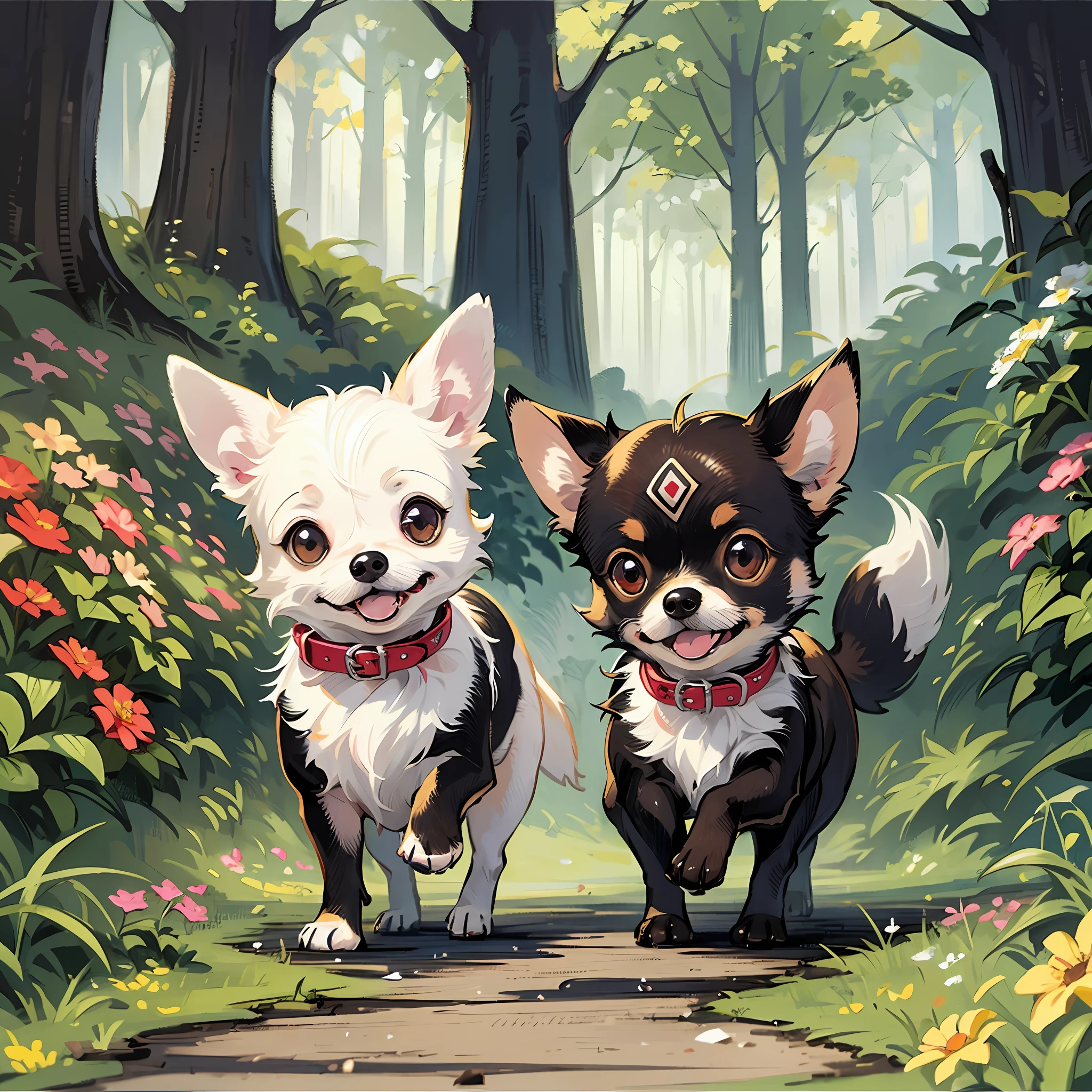 (cute chihuahua dog, same figure, front, side, back), big eyes, happy, white hair, LINEART, casual style, running, forest, flowers, trend --auto --s2