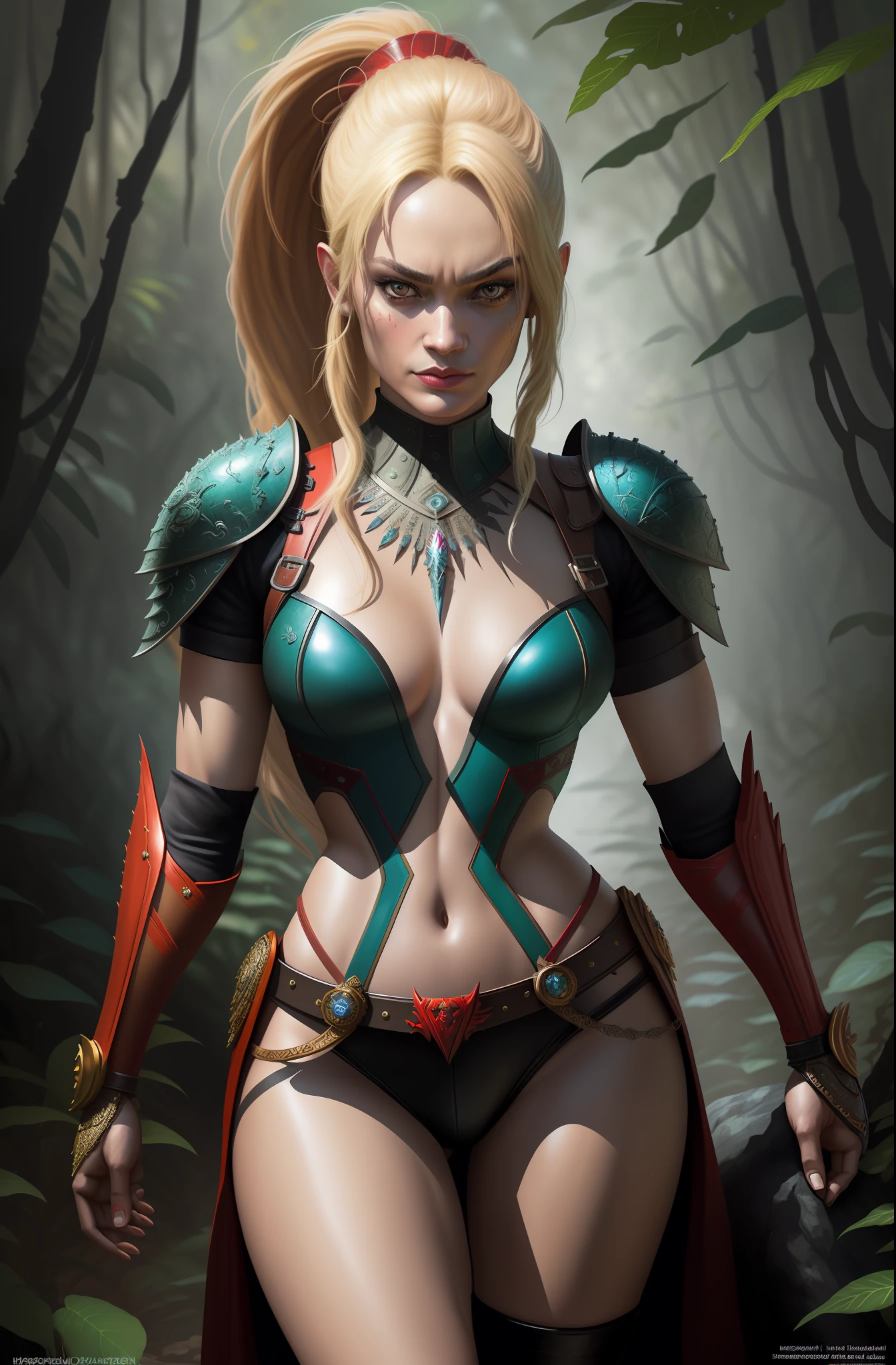 Yvonne Strahovski. DC Comics Harley Quinn Beautiful Hungarian Woman | Indonesian, with dreadlocks, wearing intricately decorated leather armor, realistic rendering, Dungeons and Dragons, Fantasy, octane rendering, zbrush. Character design, photorealistic, unreal, hyper-detailed mechanism, concept art, trend in the art station. ((best quality)), ((masterpiece)), ((realistic)), (detailed), close-up portrait, full-length portrait, brown eyes, wearing leather armor, highly detailed skin and hair, looking at the viewer, Fancy art, stunning gradient colors, signature no watermark, closed mouth, detailed background, lush jungle, closed mouth, incredibly detailed, ((masterpiece)), absurdities, HDR.