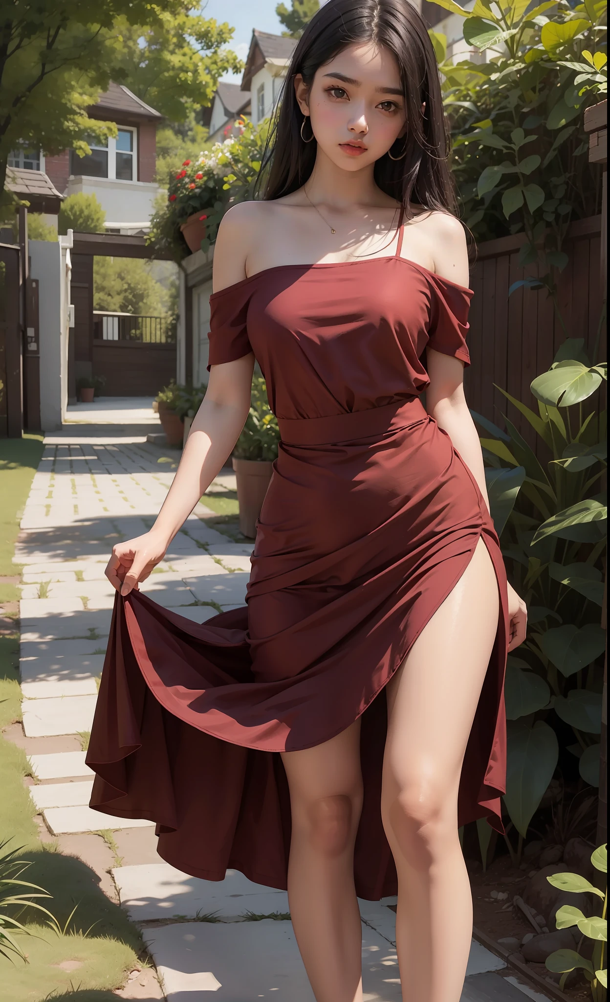 Ground view, concept art, small chest, hips, look at viewer, low ground view, shy blush face, sexual expression, 1 Indian girl, wearing small dress, lifting bottom of dress to up above hips, lifting skirt above hips,dark red colour dress, bare shoulder,((nipple's)), unconcerned, NSFW, quality, in the garden, contrast, dark, little chubby,