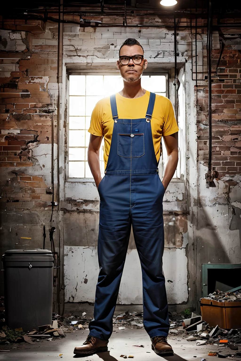 guttonerdvision5, Man with glasses, detailed face, realistic, full body, overalls, abandoned factory, grown-up, garbage, beautiful lighting, detailed, night sun, vintage colors, sepia, by Alex Ross