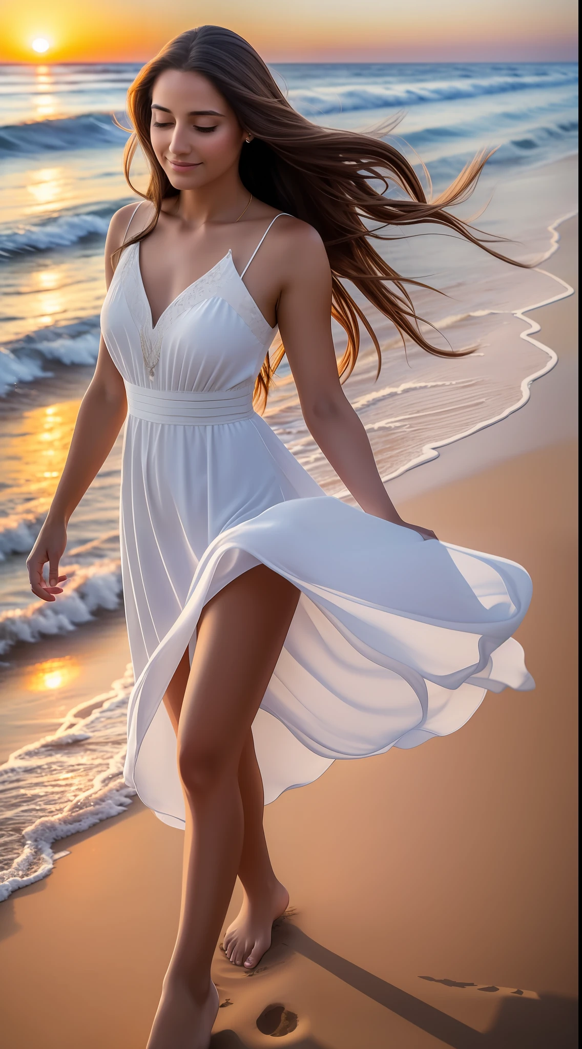 High quality artwork, super detailed, 4k, of a 33-year-old woman, full body, fair skin, very beautiful, long brown hair, brown eyes, short stature, wearing a white dress. She is happy, walks on the sand of the beach watching the sunset. She's alone on the beach. Seagulls fly through the sky near sunset, Sunlight reflects softly on her face, she feels at peace.