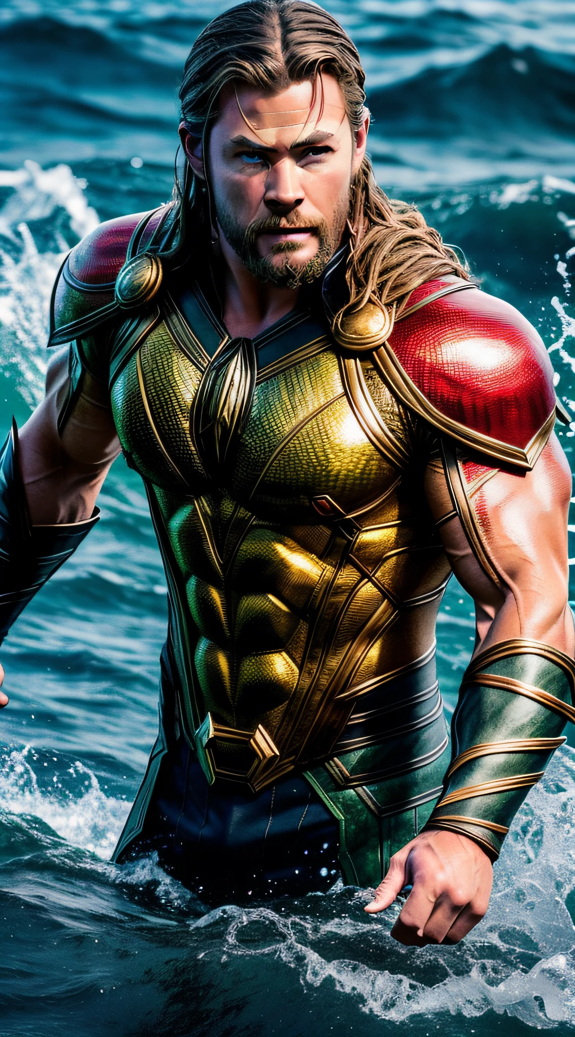 intricate details, chris hemsworth, such as aquaman, classic clothing, featured face, a high sea landscape, perfect features, dramatic, cinematic lighting, highlight lighting, SSAA, smooth rendering, no noise testing, social realism, realism, ray tracing, reflection light, high quality, high details, super detail, 8k, 16k, best quality