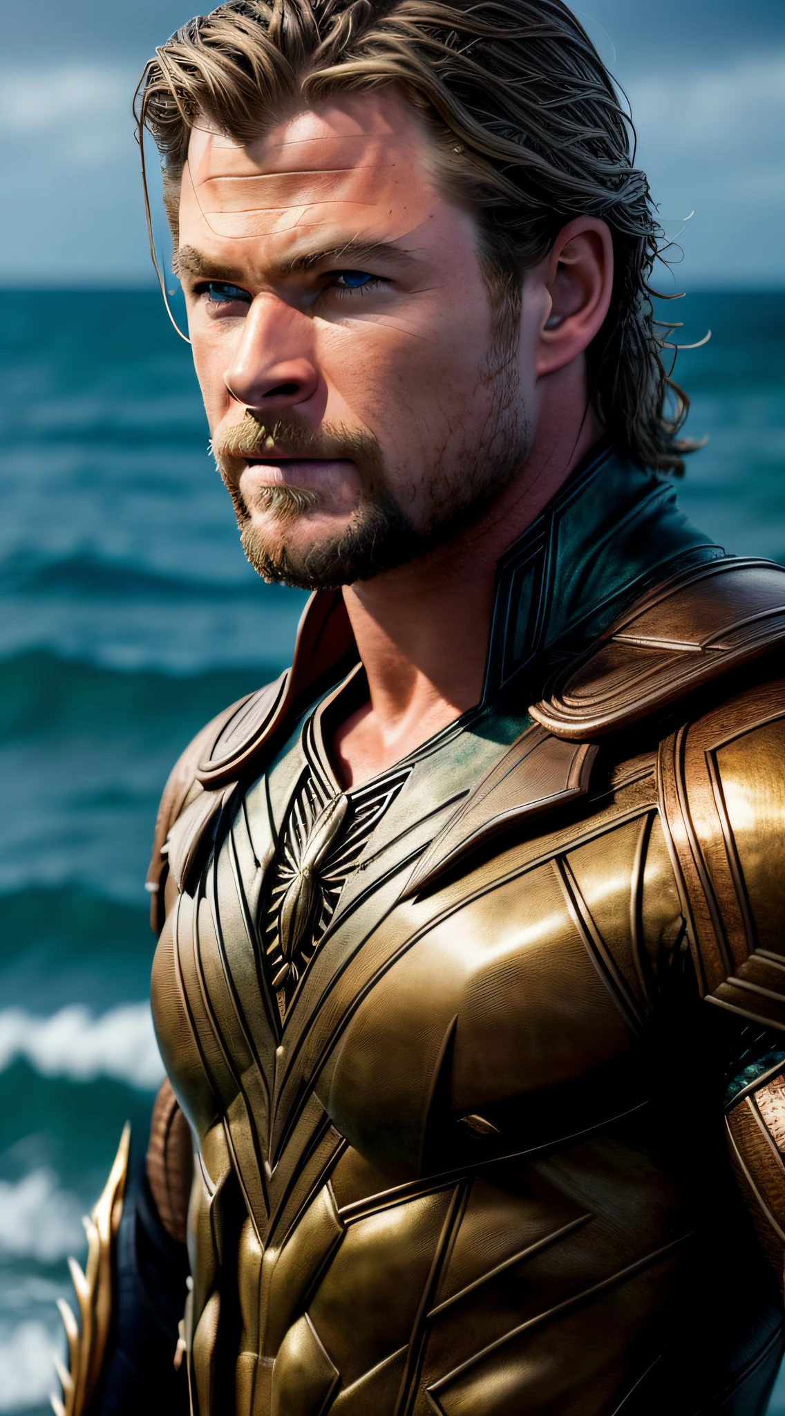 intricate details, chris hemsworth, such as aquaman, classic clothing, featured face, a high sea landscape, perfect features, dramatic, cinematic lighting, highlight lighting, SSAA, smooth rendering, no noise testing, social realism, realism, ray tracing, reflection light, high quality, high details, super detail, 8k, 16k, best quality