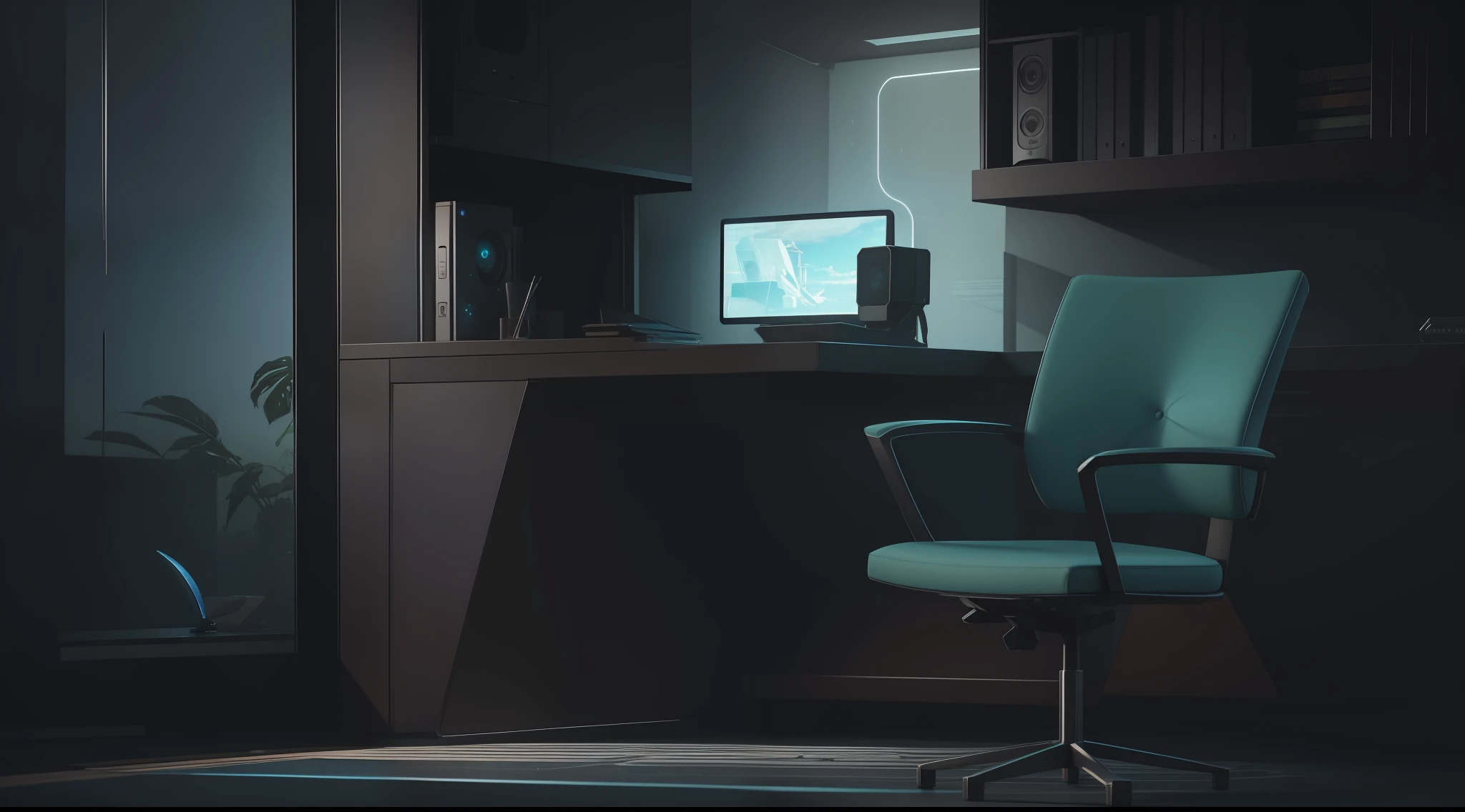 there is a computer desk with a chair and a vase in the corner, cgsociety 9, jessica rossier color scheme, retro futuristic apartment, futuristic. game cg, rendered in lumion pro, sci - fi interior, octane render : :, rendered in lumion, matte painting of steam machines, from a 2 0 1 9 sci fi 8 k movie