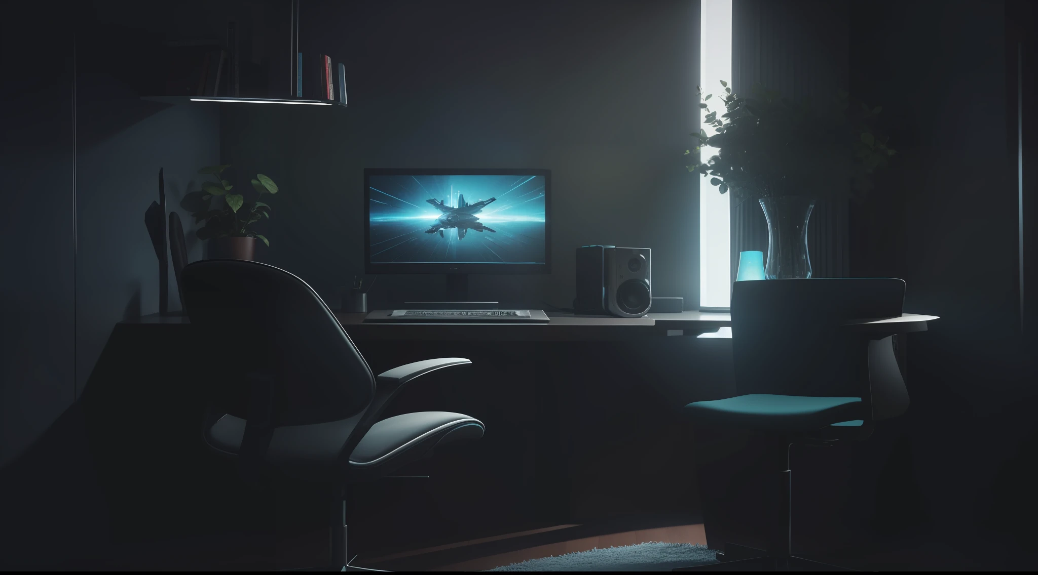 there is a computer desk with a chair and a vase in the corner, cgsociety 9, jessica rossier color scheme, retro futuristic apartment, futuristic. game cg, rendered in lumion pro, sci - fi interior, octane render : :, rendered in lumion, matte painting of steam machines, from a 2 0 1 9 sci fi 8 k movie
