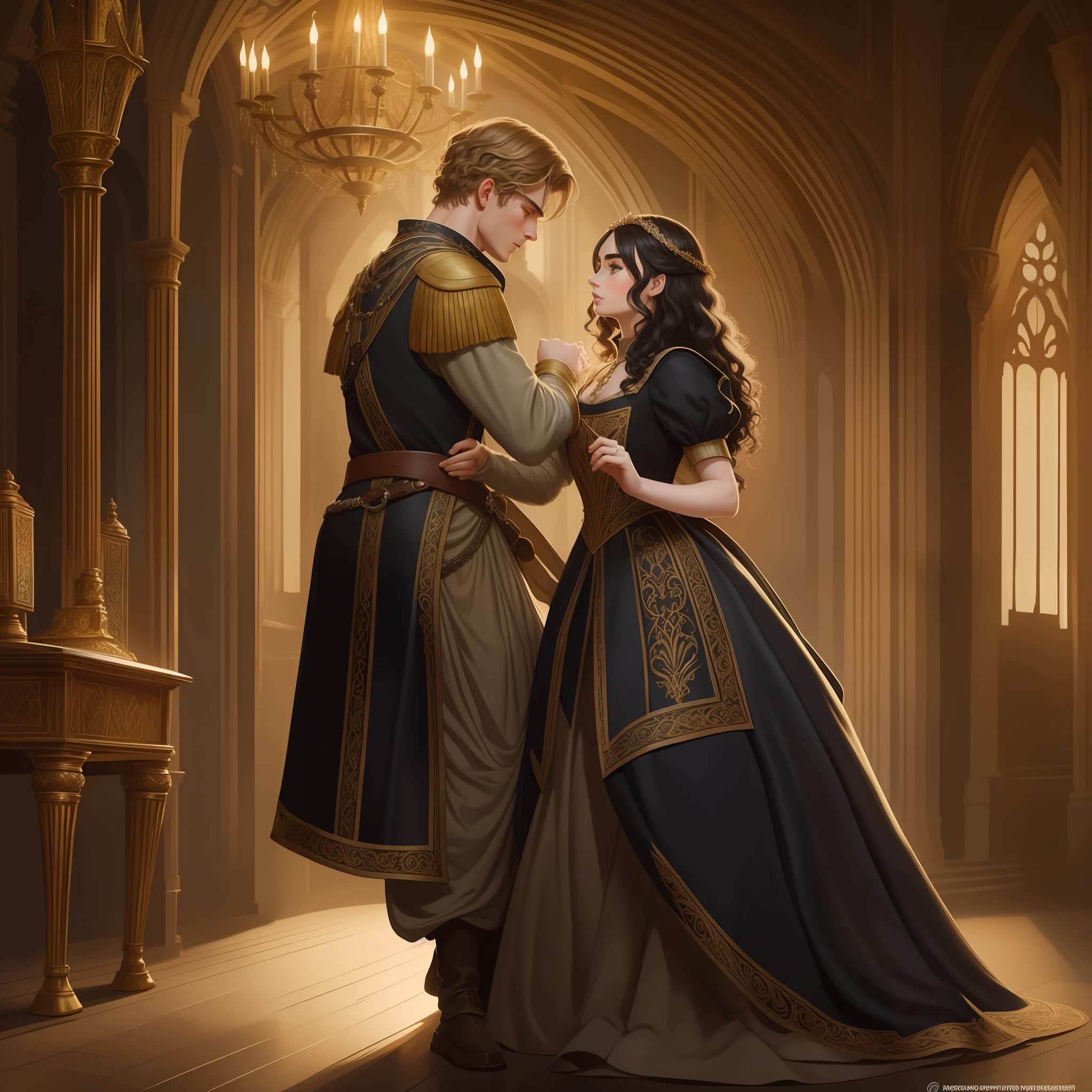 Lily Collins, who has curly black hair, wears a medieval dress. the Neels Visser wears a medieval military outfit and has blonde hair. The couple is waltzing in the ballroom. The illustration is like a book cover with a detailed, bright, illuminated, ultra detailed background, concept art, elegant, WLOP art