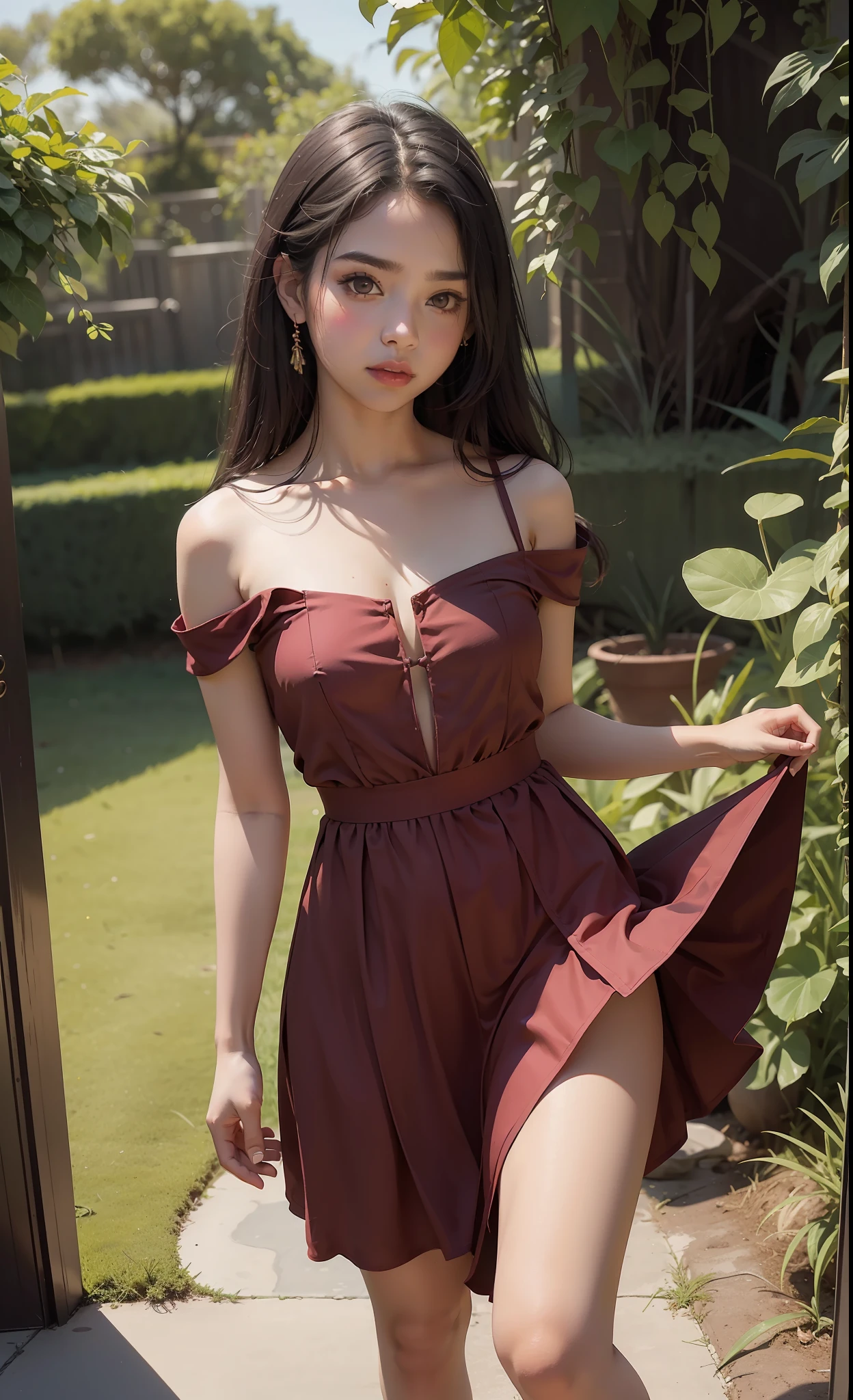 Ground view, concept art, small chest, hips, look at viewer, low ground view, shy blush face, sexual expression, 1 Indian girl, wearing small dress, lifting bottom of dress to up above hips, lifting skirt above hips,dark red colour dress, bare shoulder,((nipple's)), unconcerned, NSFW, quality, in the garden, contrast, dark, little chubby,