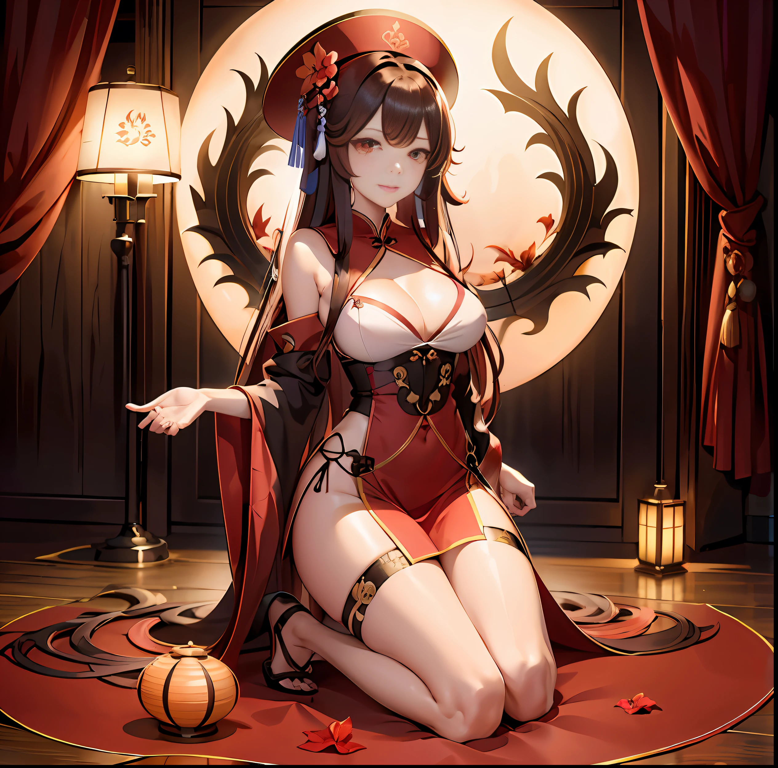 flower , red _ flower , solo , hat , long _ hair , hu hu tao \( genshin impact \), mature female , looking _ at _ viewer , upper _ body , chinese _ clothes ,1girl, hat _ flower , brown _ hair , closed _ mouth ,
hibiscus , red _ rose , spider _ lily ,
bangs . kbxll , full body .