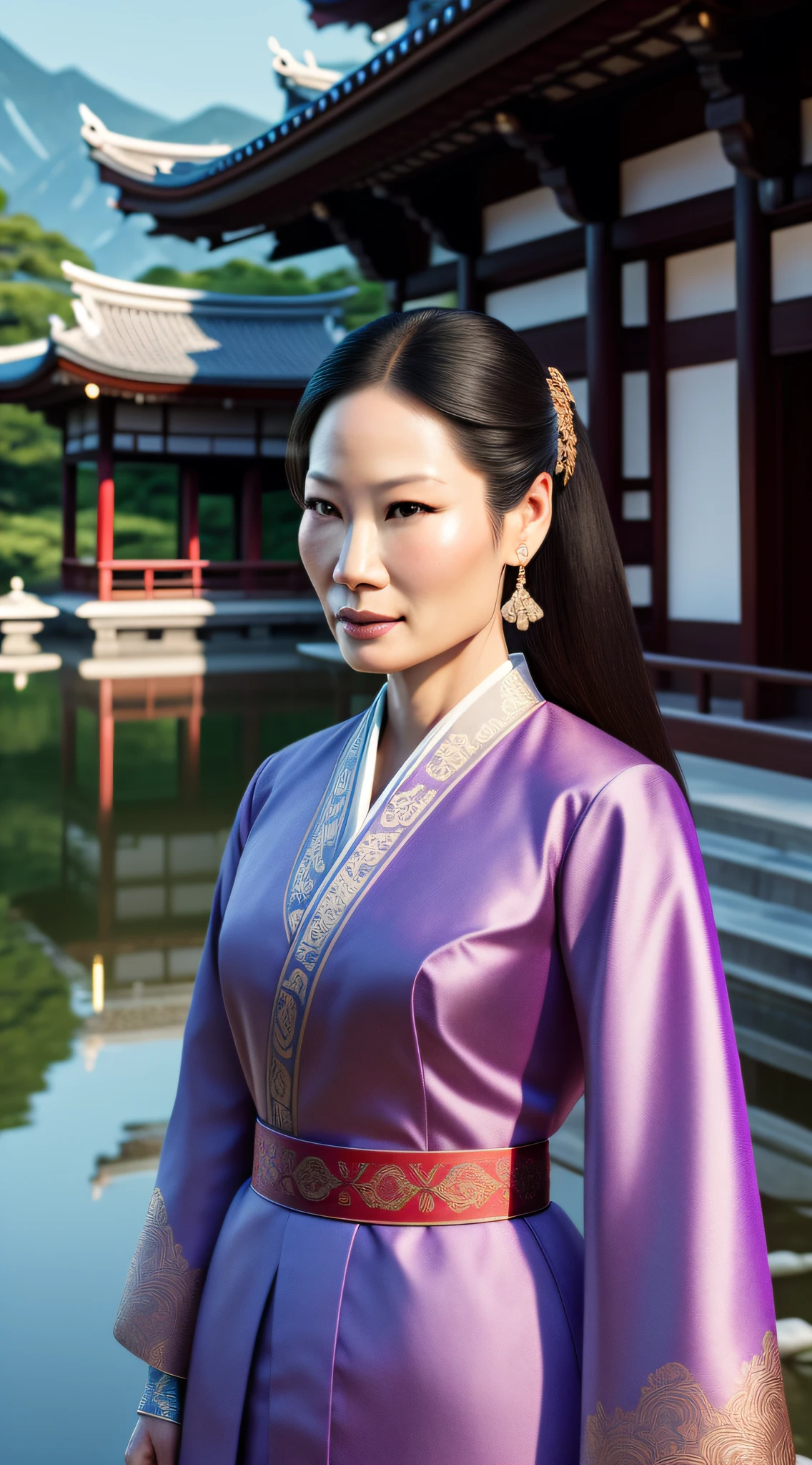 intricate details, lucy liu, such as Mulan, classic clothing, featured face, a Japanese palace landscape, perfect features, dramatic, cinematic lighting, highlight lighting, SSAA, smooth rendering, no noise testing, social realism, realism, ray tracing, reflection light, high quality, high details, super detail, 8k, 16k, best quality