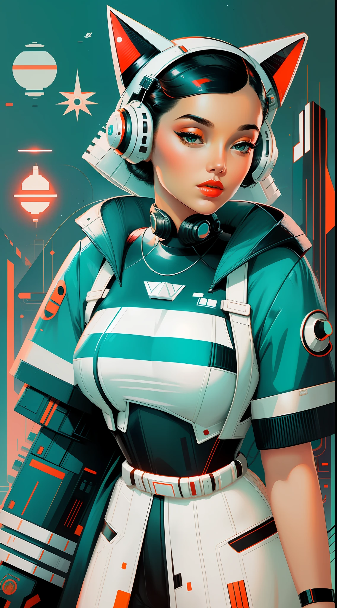 retro scifi art,vintage,1pinup girl with very white techwear clothes,cat,geometric shapes and simple stripes on background