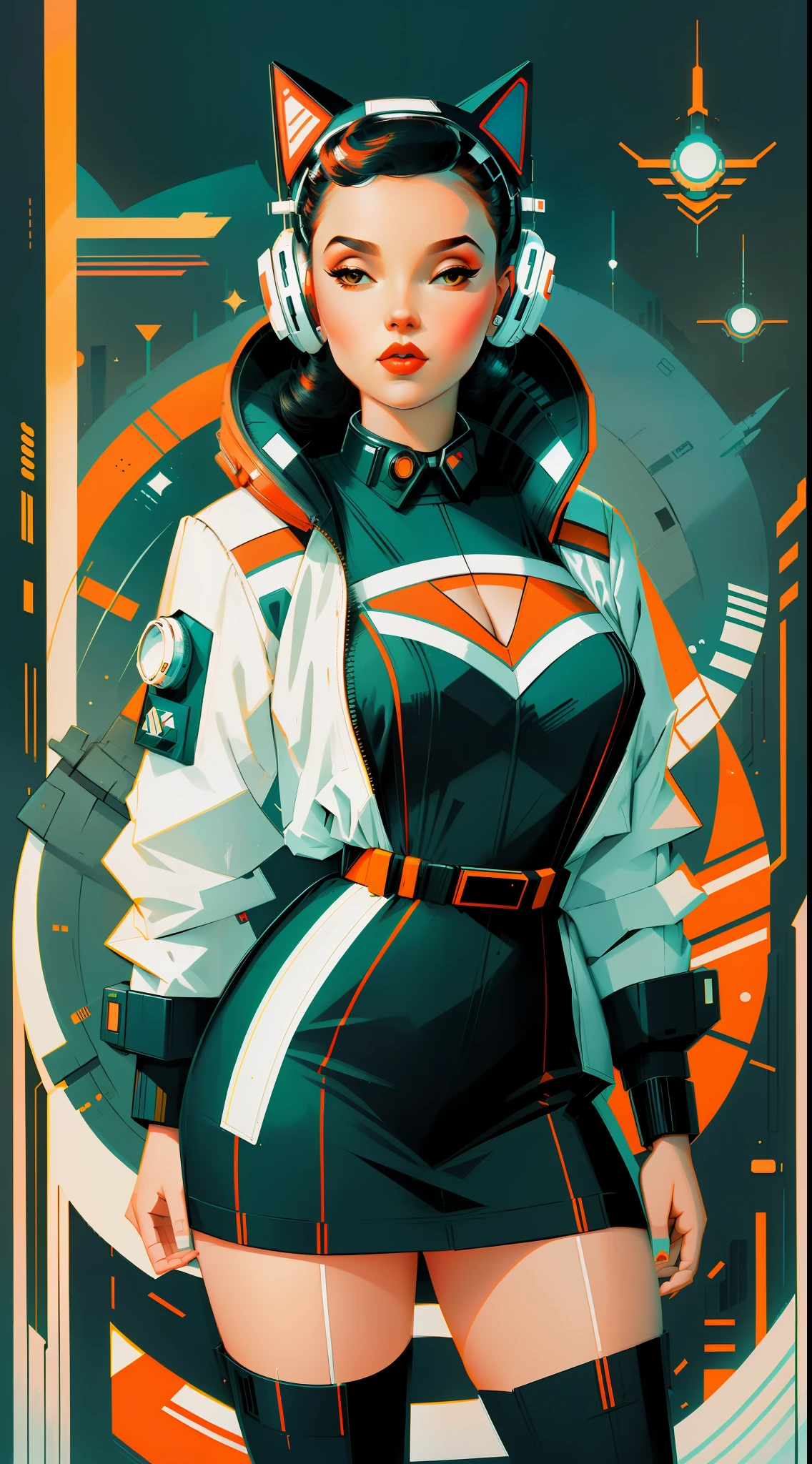 retro scifi art,vintage,1pinup girl with very white techwear clothes,cat,geometric shapes and simple stripes on background