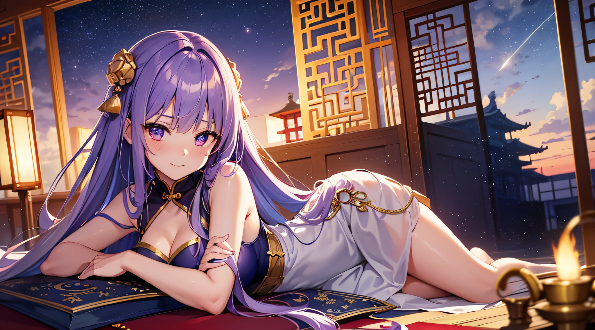 masterpiece, best quality, highres, soft anime illustration, depth of field, 1girl, purple hair, golden eyes, long hair, smug, multiple platinum hair ornaments, starry sky-blue gown, sleeveless, medium breasts, arms spread out, ancient chinese temple, cinematic lighting, close-up