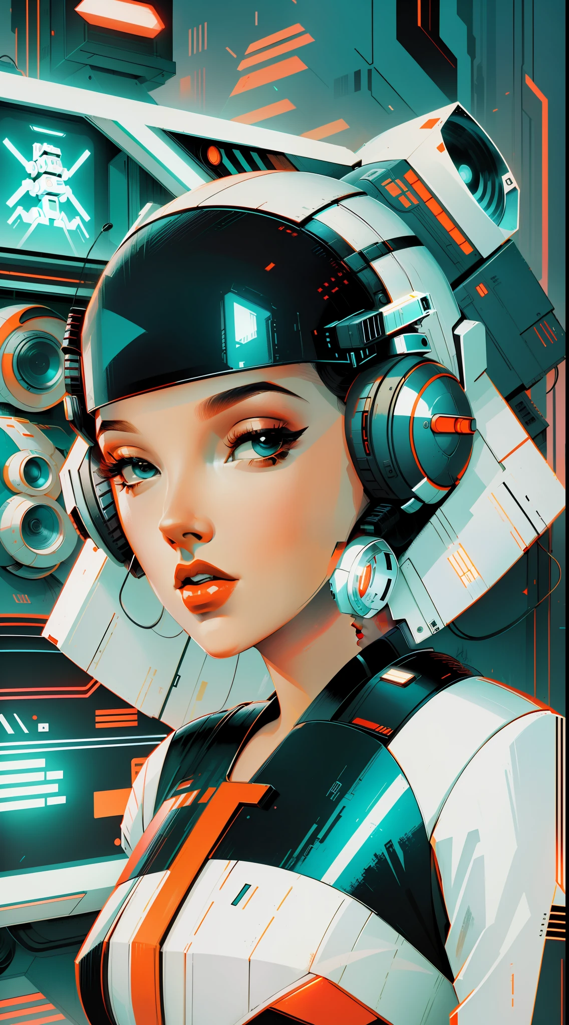 retro scifi art,vintage,1pinup girl with very white techwear clothes,1robot,various old tvs in the background,geometric shapes and simple stripes in the background