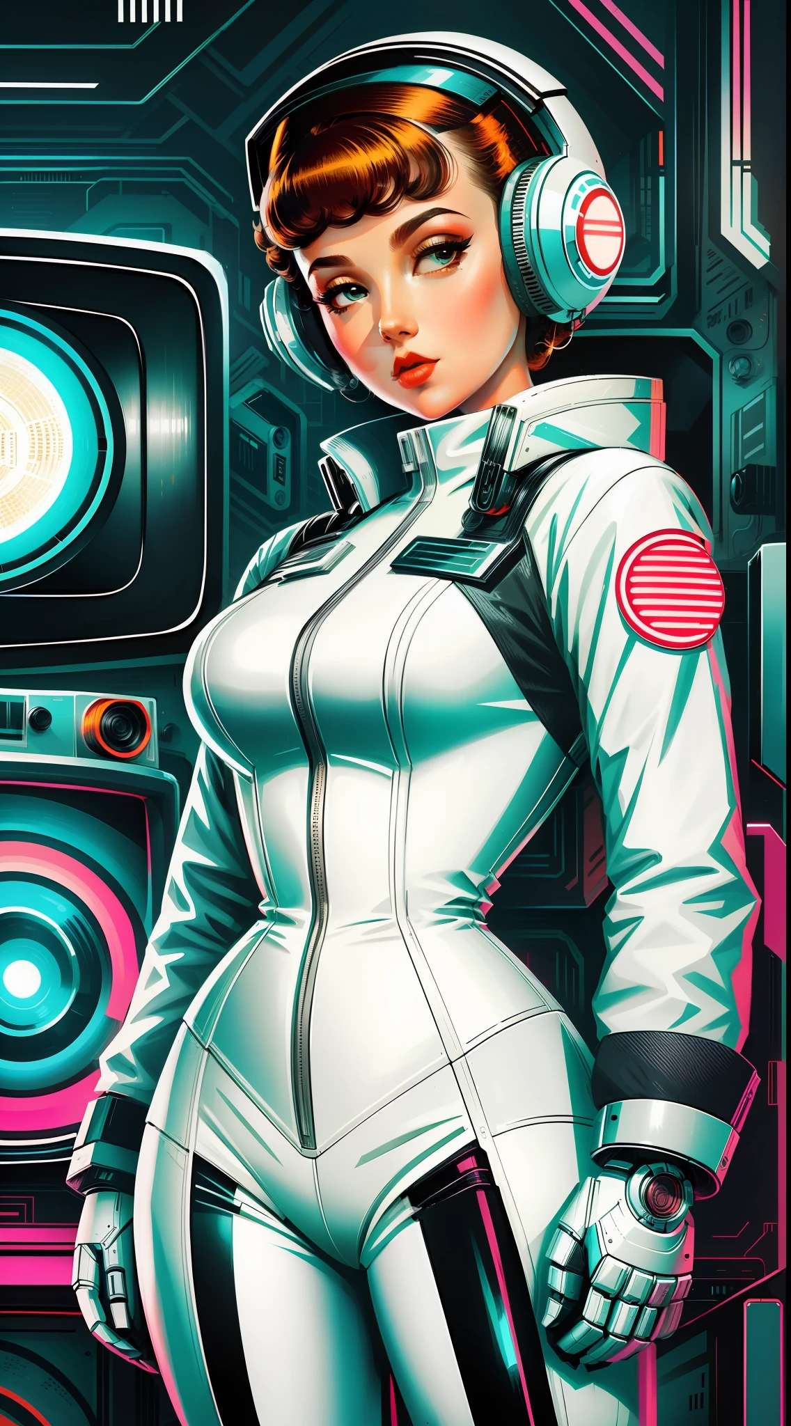 retro scifi art,vintage,1pinup girl with very white techwear clothes,1robot,various old tvs in the background,geometric shapes and simple stripes in the background
