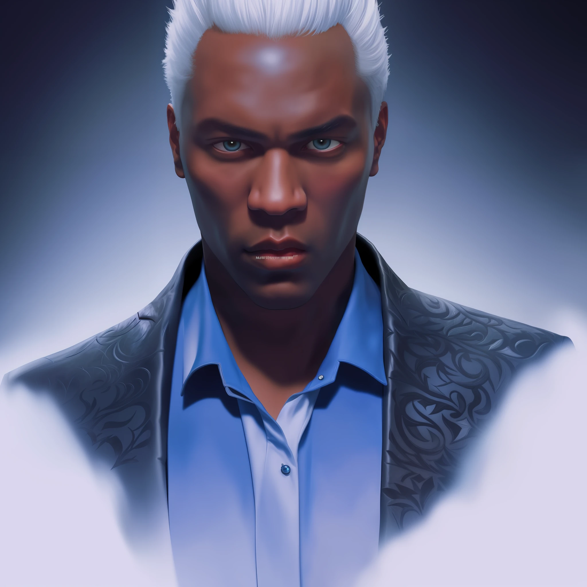 Close-up portrait of herman in the style of Devil May Cry 5, black man, white hair and blue clothes inspired by Vergil, the legendary dark knight, digital painting, 4k resolution, sharp focus, intricate details, by the talented artists of Capcom, trend in ArtStation, with a dark and moody background.