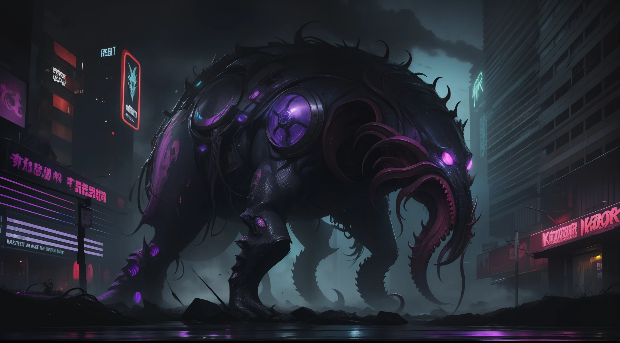 mythological monster kraken in cyberpunk style, Cyber Urban Fantasy, vibrant, photorealistic, realistic, dramatic, dark, sharp focus, 8k