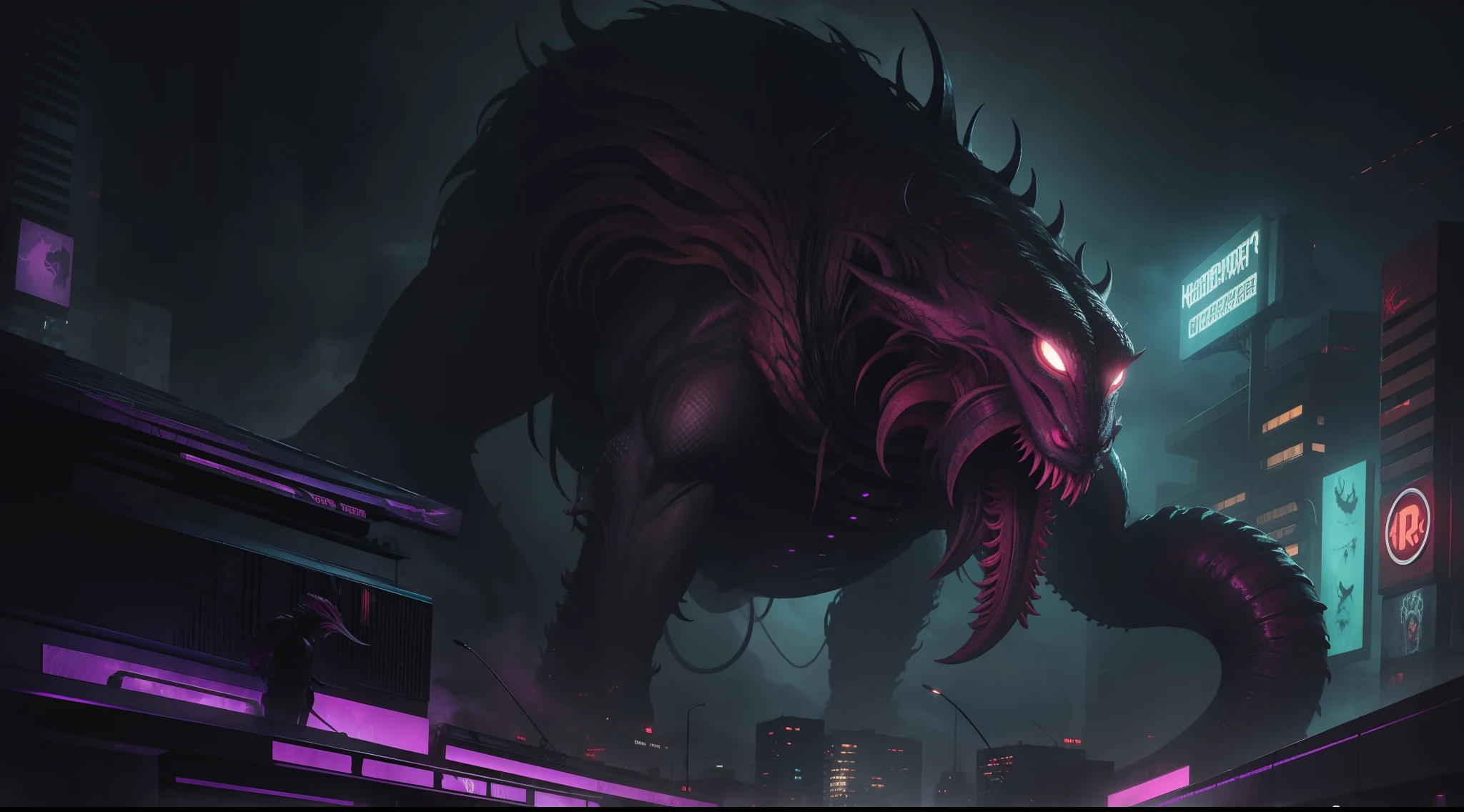 mythological monster kraken in cyberpunk style, Cyber Urban Fantasy, vibrant, photorealistic, realistic, dramatic, dark, sharp focus, 8k