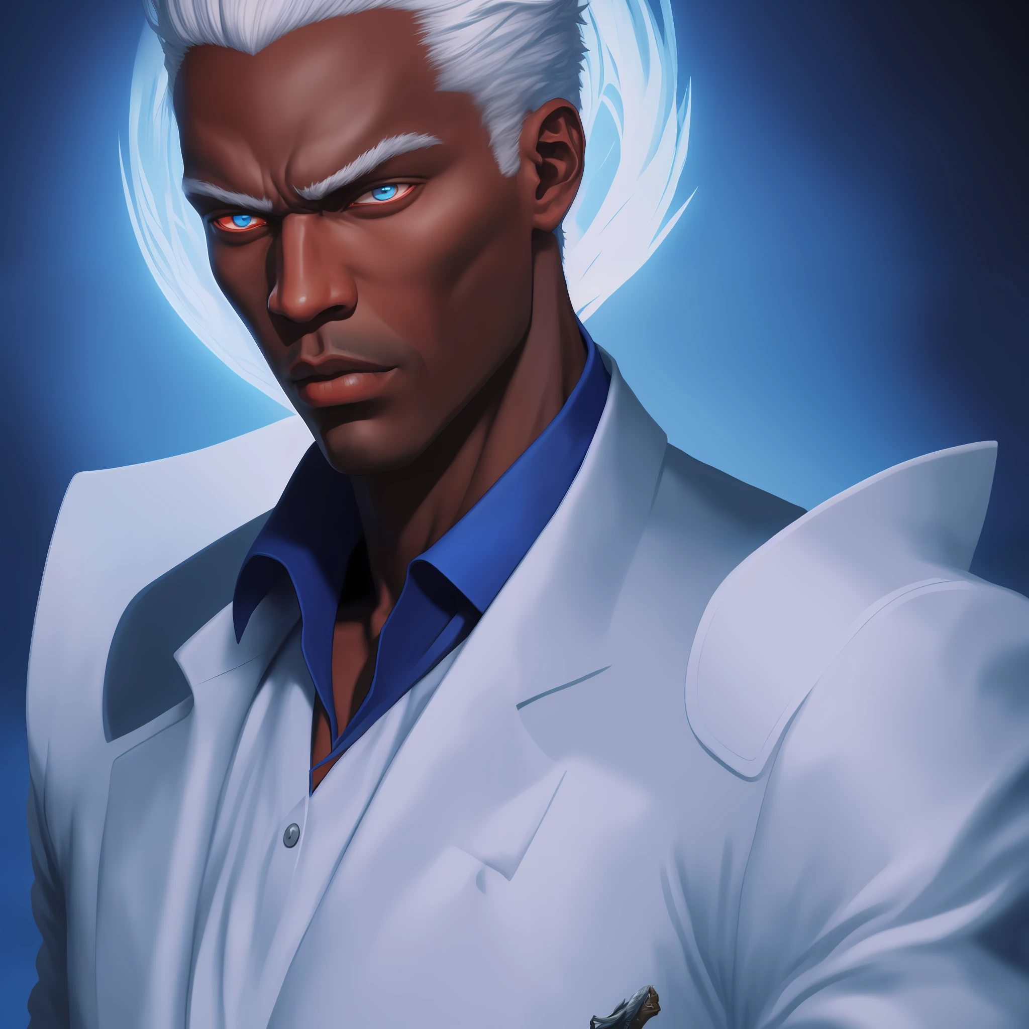 Close-up portrait of herman in the style of Devil May Cry 5, black man, white hair and blue clothes inspired by Vergil, the legendary dark knight, digital painting, 4k resolution, sharp focus, intricate details, by the talented artists of Capcom, trend in ArtStation, with a dark and moody background.