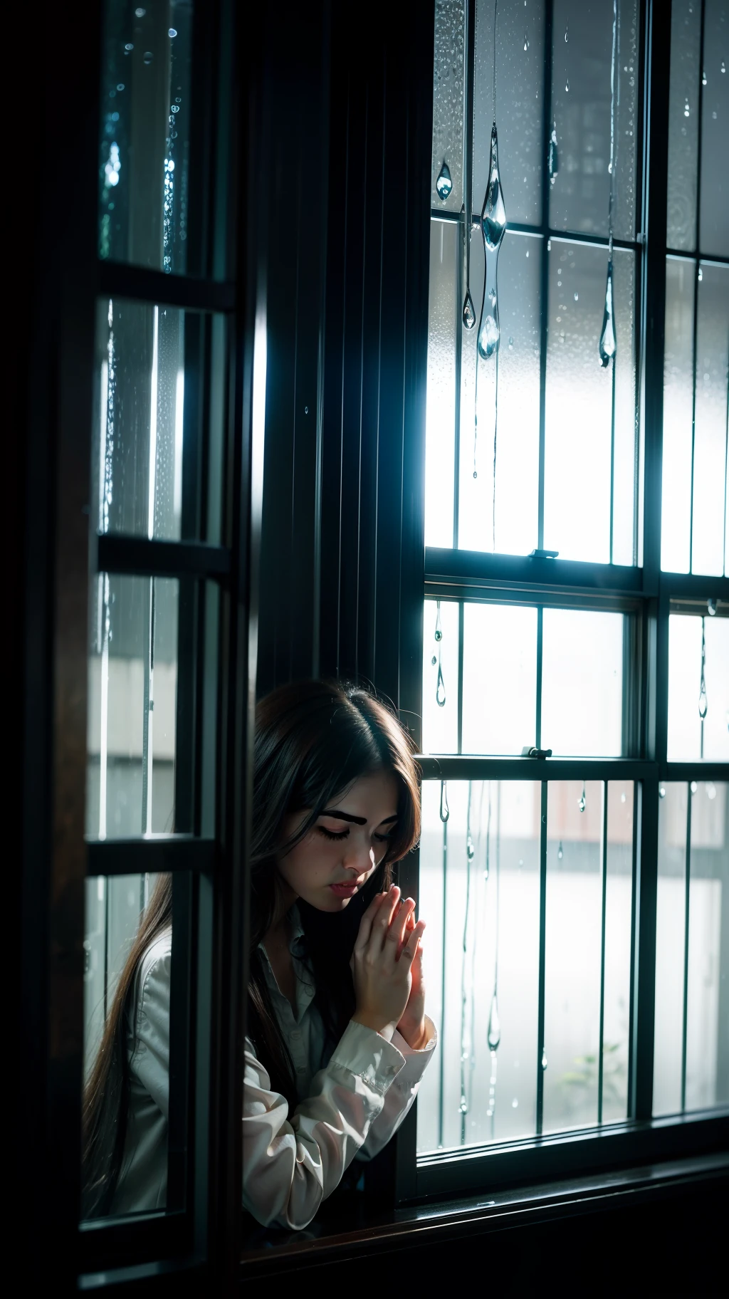 best quality, ultra-detailed, extremely realistic image, rain outside, raindrops hitting the window, a woman praying in the window, Jesus Christ outside the window, details, 8k, rainy, glass.