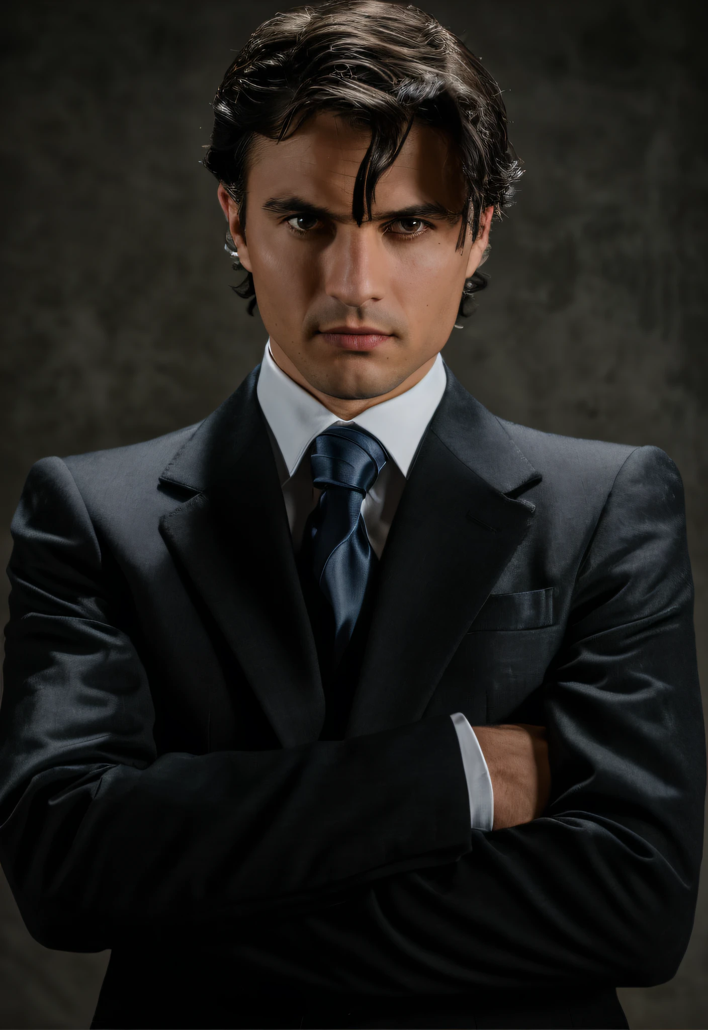 Young man in suit and tie with his arms crossed, 25 years old, menacing!!!, a black-haired madman, serious business, Mario, the best of all time, he is very menacing and evil, he has dark hair, in a menacing pose, fantasy!!!, RAW photo, abstract concrete background (highly detailed skin: 1.2), 8k uhd, dslr, soft lighting, high quality, film grain, Fujifilm XT3