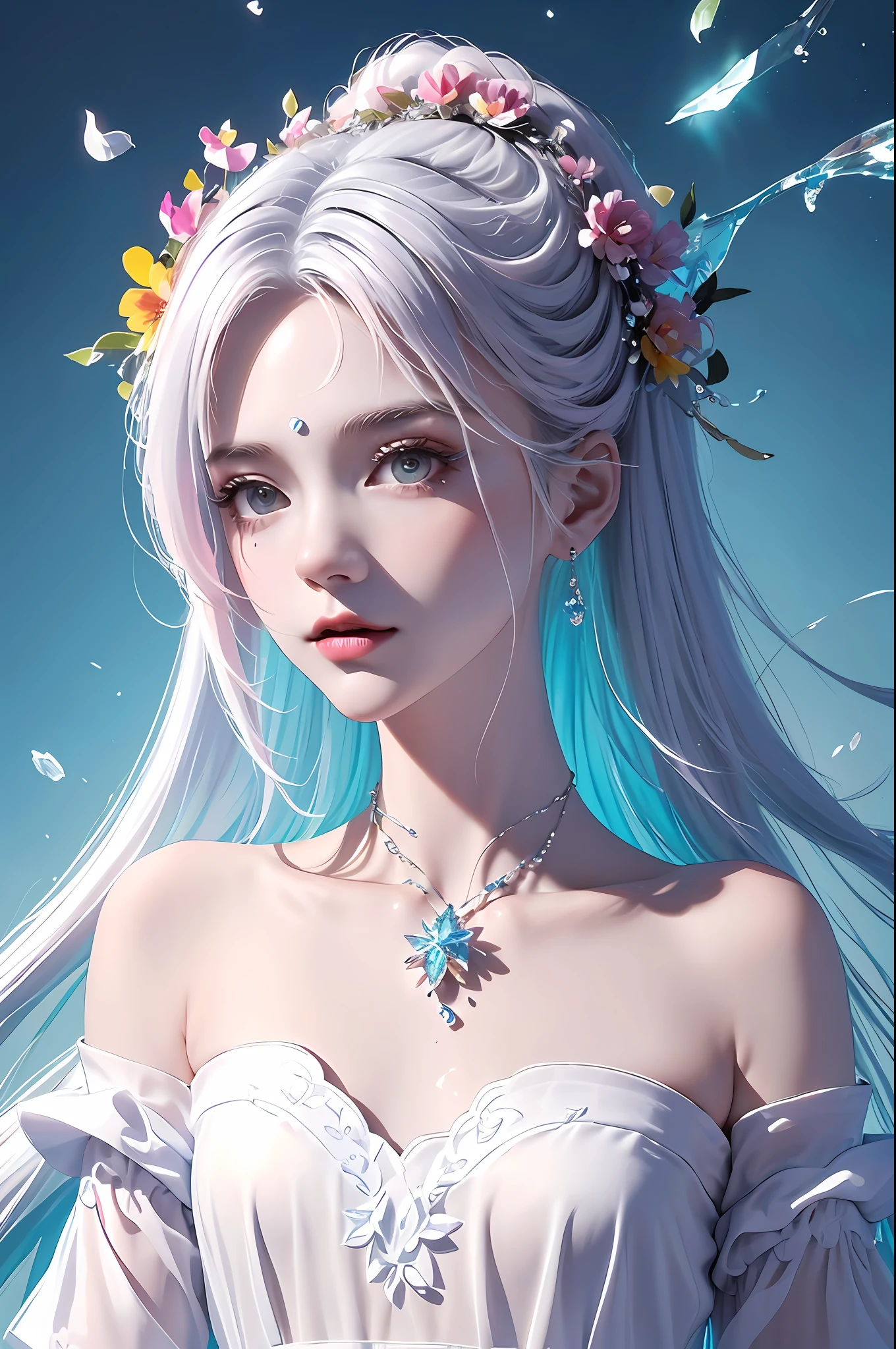 (Pink fashion T-shirt: 1.9), (Colorful hair: 1.8), (Rainbow all colors: 1.8), (((Vertical painting: 1.6))), (Painting: 1.6), Front, manga, illustration, painting, big eyes, crystal clear, (rainbow gradient high ponytail: 1.7), delicate makeup, shut up, (small freshness: 1.5), (bandeau: 1.6), long eyelashes, white off-the-shoulder T- shirt, White Shoulder Shirt, looking at the audience, Big watery eyes, (rainbow hair: 1.6), color splash, (solo:1.8), color splash, color explosion, colour splash, color explosion, thick lacquer style, messy lines, ((shining)), (colorful), (colorful), (colorful), colorful, Thick Paint Style, (Splash) (Color Splash), Vertical Painting, Upper Body, Paint Splash, Acrylic Pigment, Gradient, Paint, Highest Image Quality, Masterpiece, Solo, Depth of Field, Face Paint, colorful clothes, (elegance: 1.2), gorgeous, long hair, wind, (elegance: 1.3), (petals: 1.4), ((masterpiece))), ((best quality))), (ultra-detailed), (illustration), (dynamic angle), (floating), (paint), ((loose hair)), (solo), (1girl), ( ( ( detailed anima face))), (( Beautiful detailed face)), collar, exposed shoulders, white hair, ((colored hair)), ((striped hair)), beautiful detailed eyes, (gradient eyes), (colored eyes))), (colored background))), (high saturation))), ((surrounded by colorful splashes))),