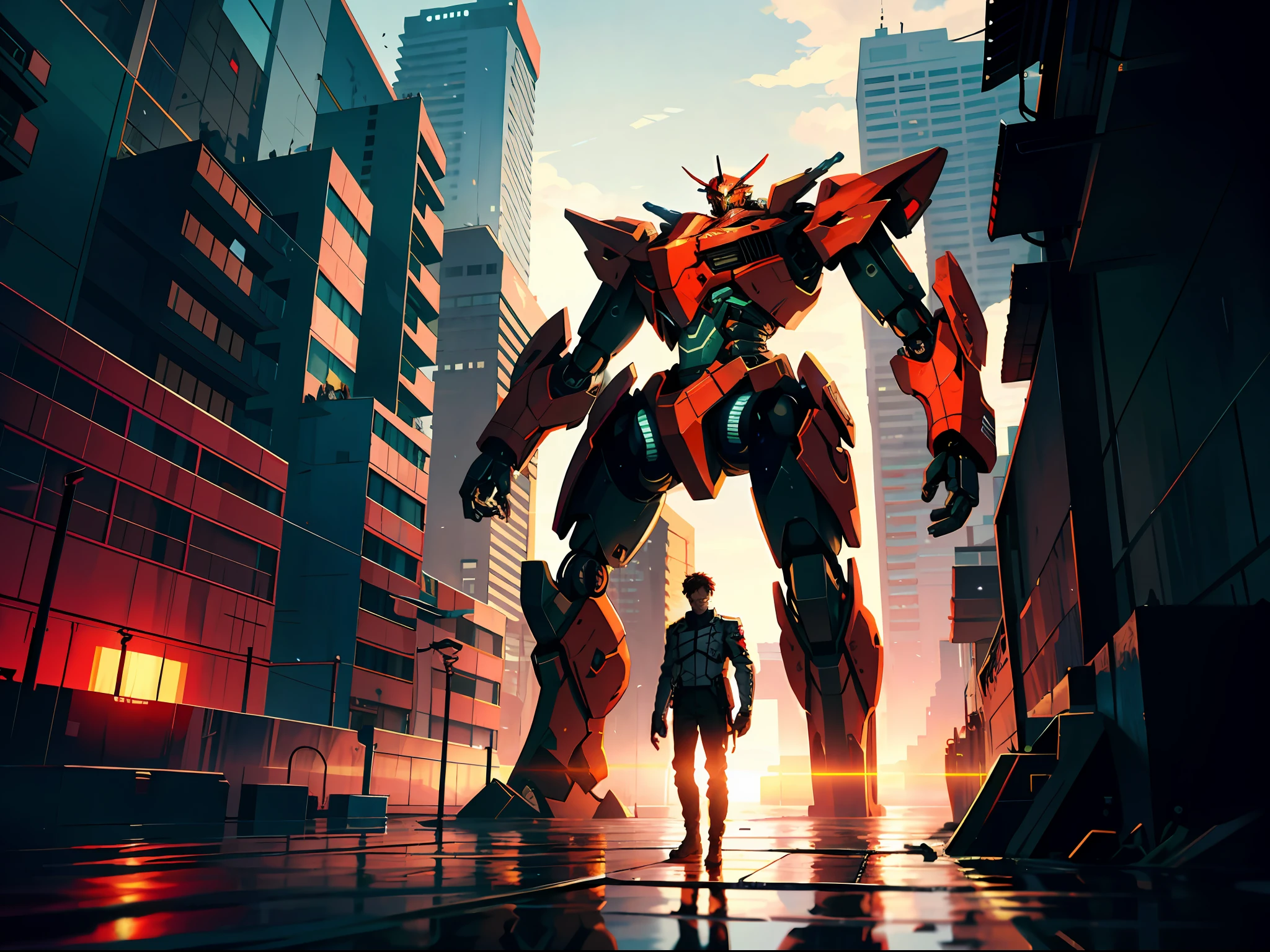 HD clear, best images, illustrations, super detailed, a young man in a cyberpunk-style white combat uniform, standing on the seaside pier, behind him stands a huge red mech, a robot