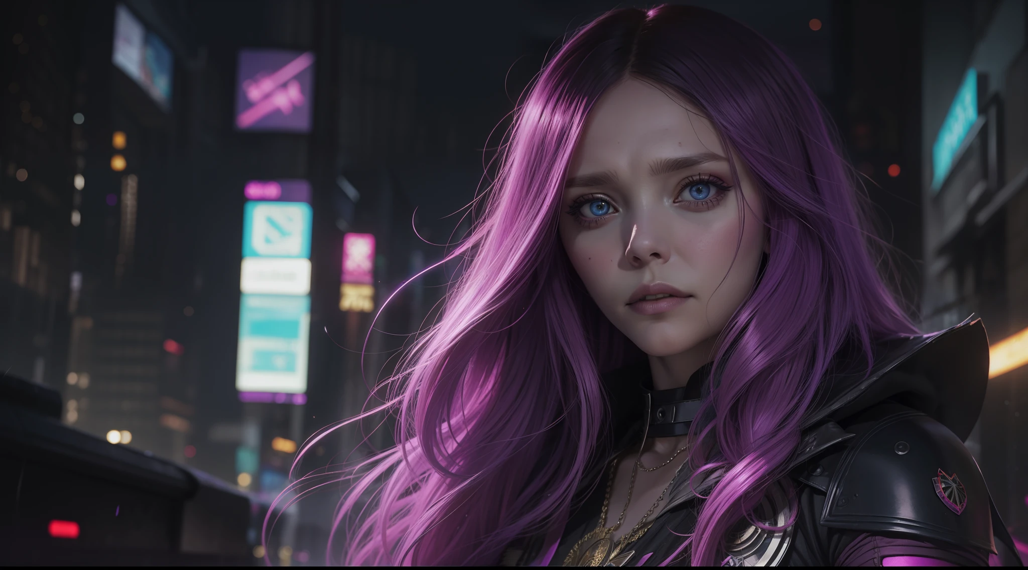 a sorceress, Elizabeth Olsen, in a cyberpunk world, vibrant, photorealistic, realistic, dramatic, dark, sharp focus, 8k
