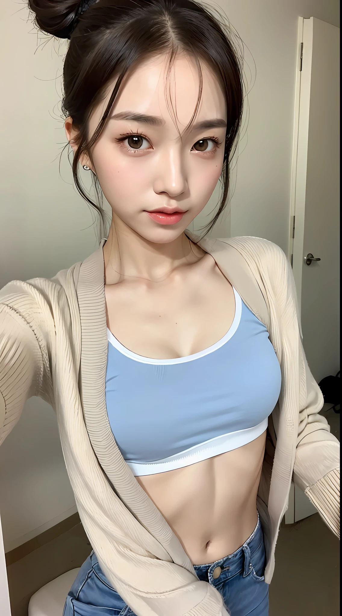1 girl, beauties with slender abs: 1.3, (ponytail, big: 1.2), cardigan: 1.1, ultra detailed face, detailed eyes, double eyelids
