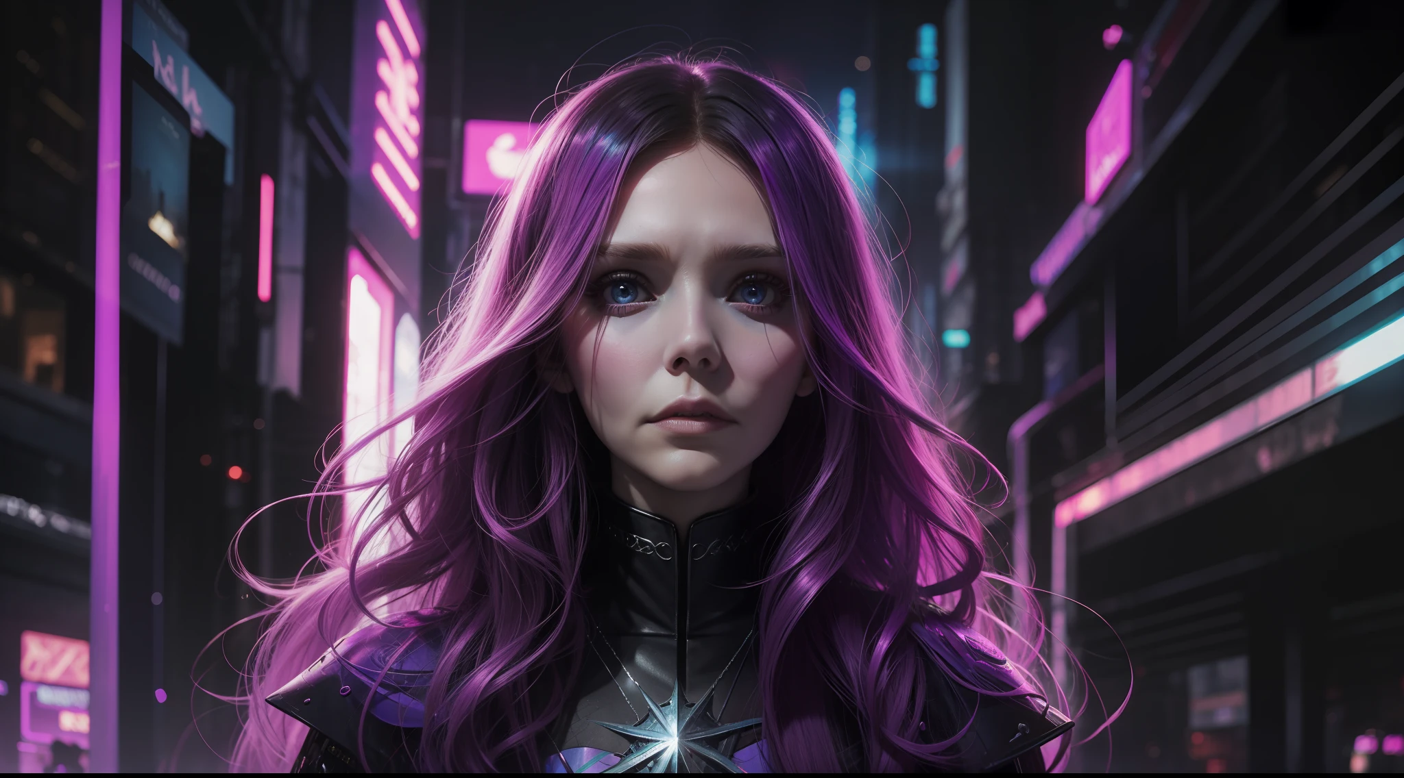 a sorceress, Elizabeth Olsen, in a cyberpunk world, vibrant, photorealistic, realistic, dramatic, dark, sharp focus, 8k