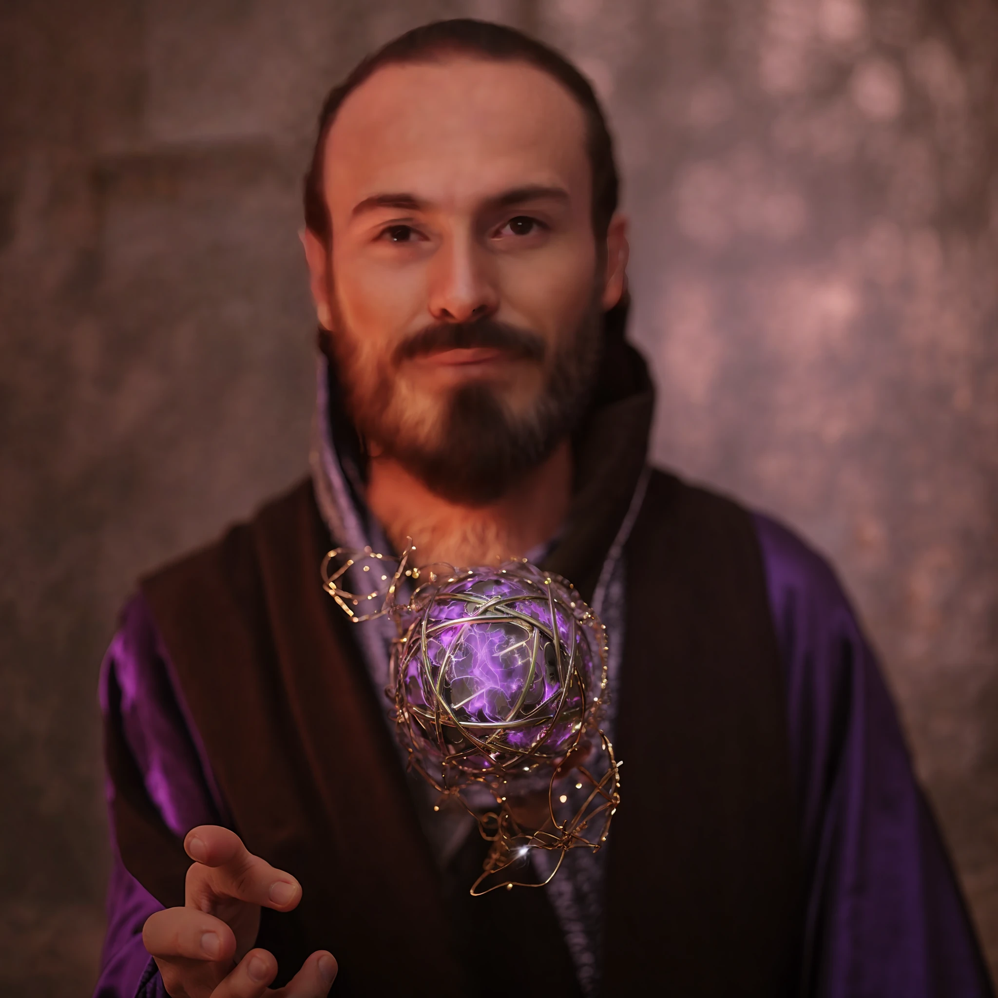 arafed image of a man with a purple robe and a beard holding a magic ball, an arcane wizard casting a spell, closeup portrait of an mage, wizard casting a spell, portrait of a wizard, portrait of a mage, male wizard, wizard hat cinematic lighting, old male archmage, evil male sorcerer, evil sorcerer, wizard