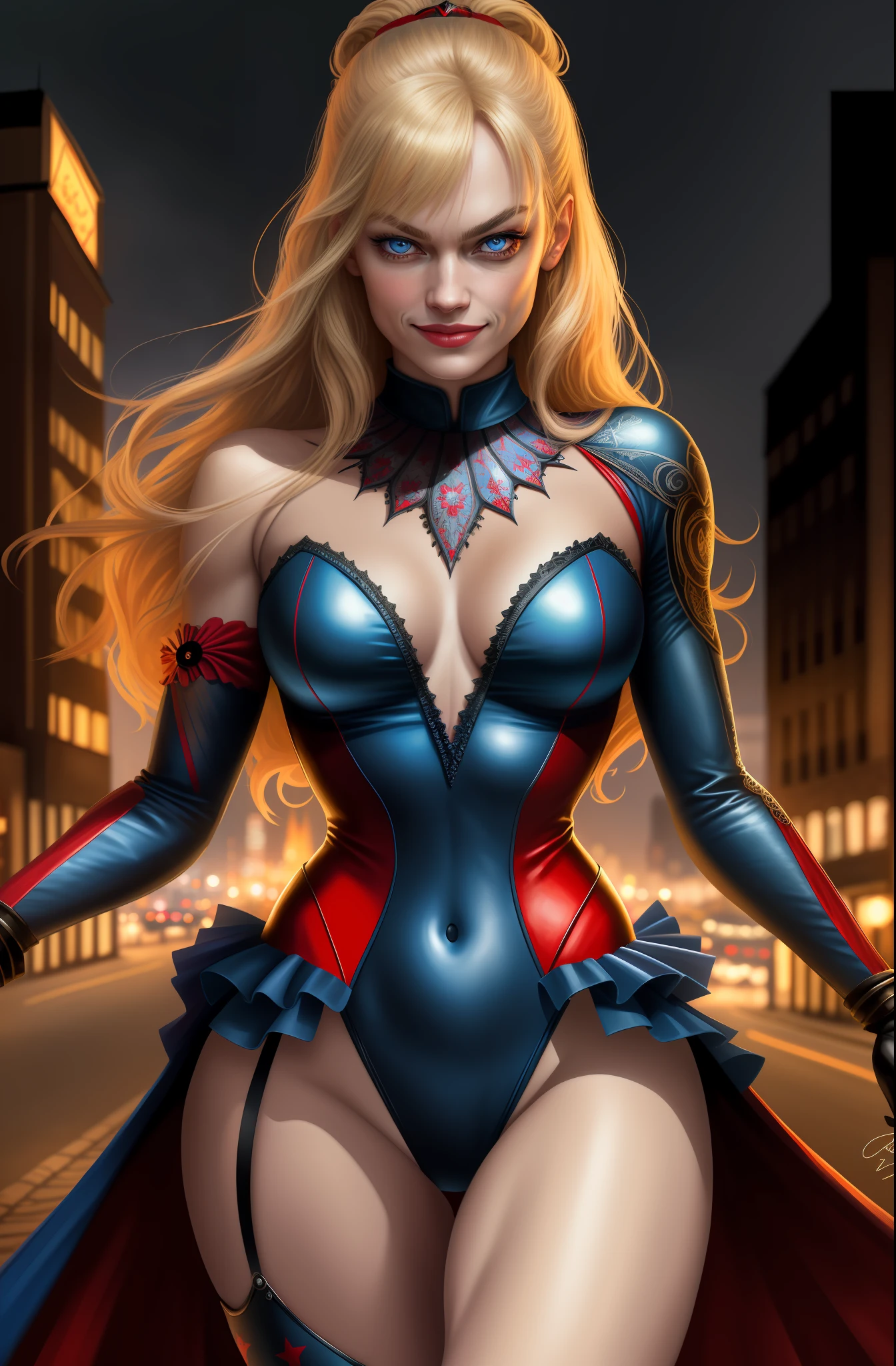 Yvonne Strahovski. Harley Quinn from DC Comics beautiful Hungarian woman, intricately decorated, realistic rendering Character design, photorealistic, unreal mechanism, hyperdetailed. ((best quality)), ((masterpiece)), ((realistic)), (detailed), close-up portrait, full-body portrait, blue eyes, black and red costume, highly detailed skin and hair, looking at the viewer, stunning gradient colors, sadistic smile, detailed background, city at night, detailed mouth, incredibly detailed, ((masterpiece)), absurdities, HDR.