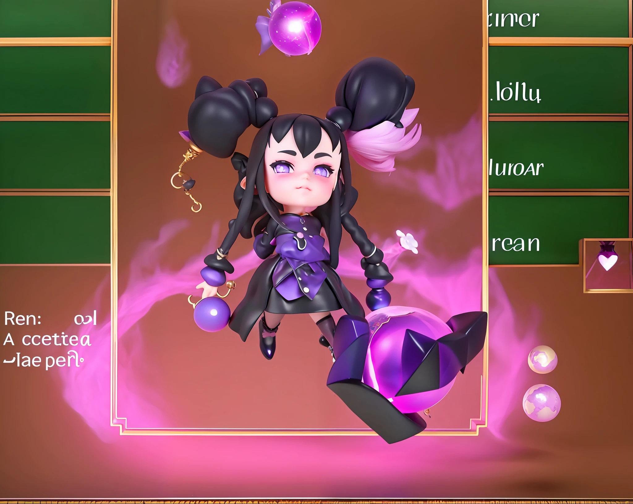 sorcerer, pale faces, black pigtail hair, black staff with purple crystal ball at the tip, black leather clothing with purple, gnome, black eyes with pink blush on the face, purple aura, orb of purple light floating around the sorcerer, dark background