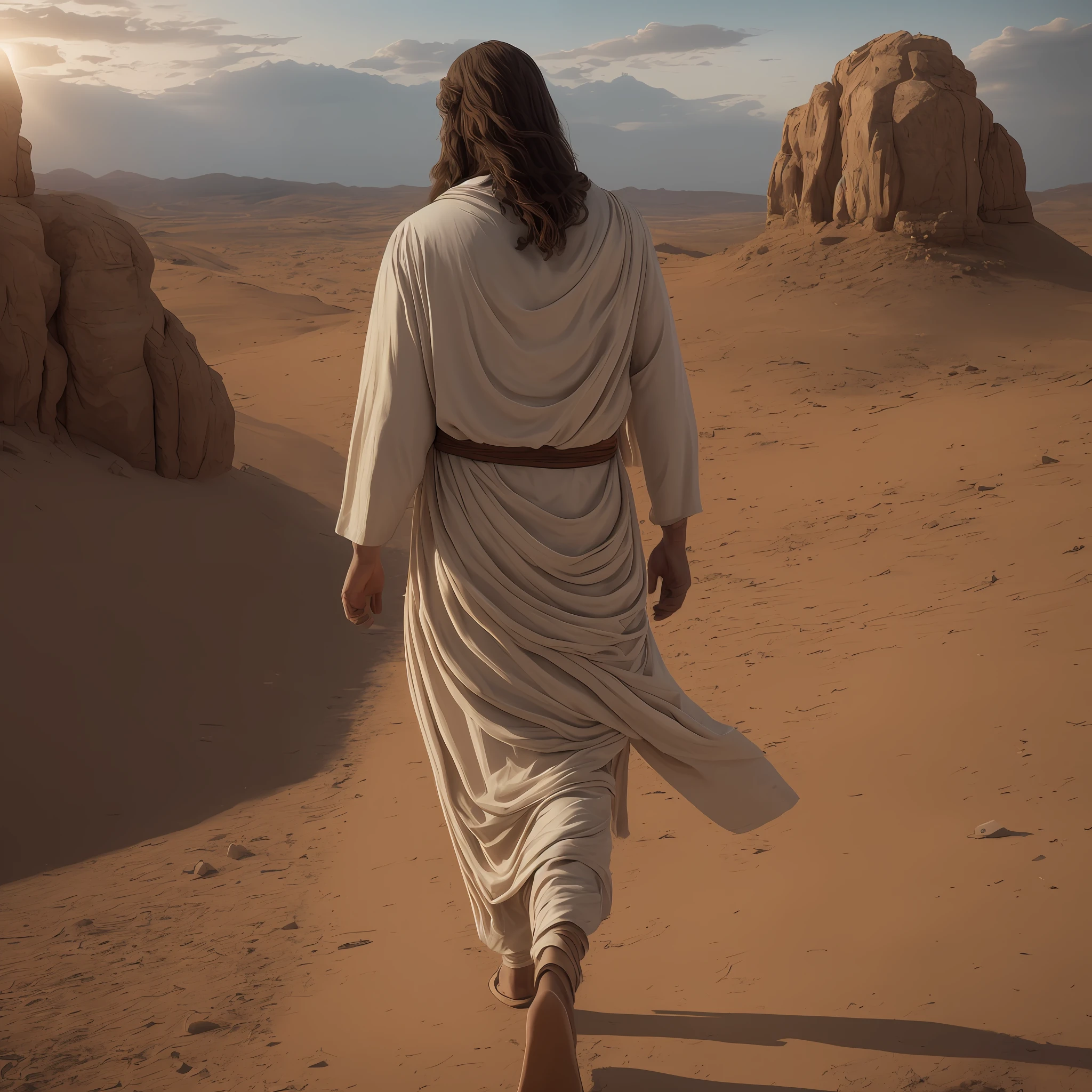 Jesus walking in the distance, on his back in the desert, at dusk, in Christ-time clothes, no accessories, realistic image, 4k, humble appearance, :9, old image, clouds in the sky, zoom out --auto --s2