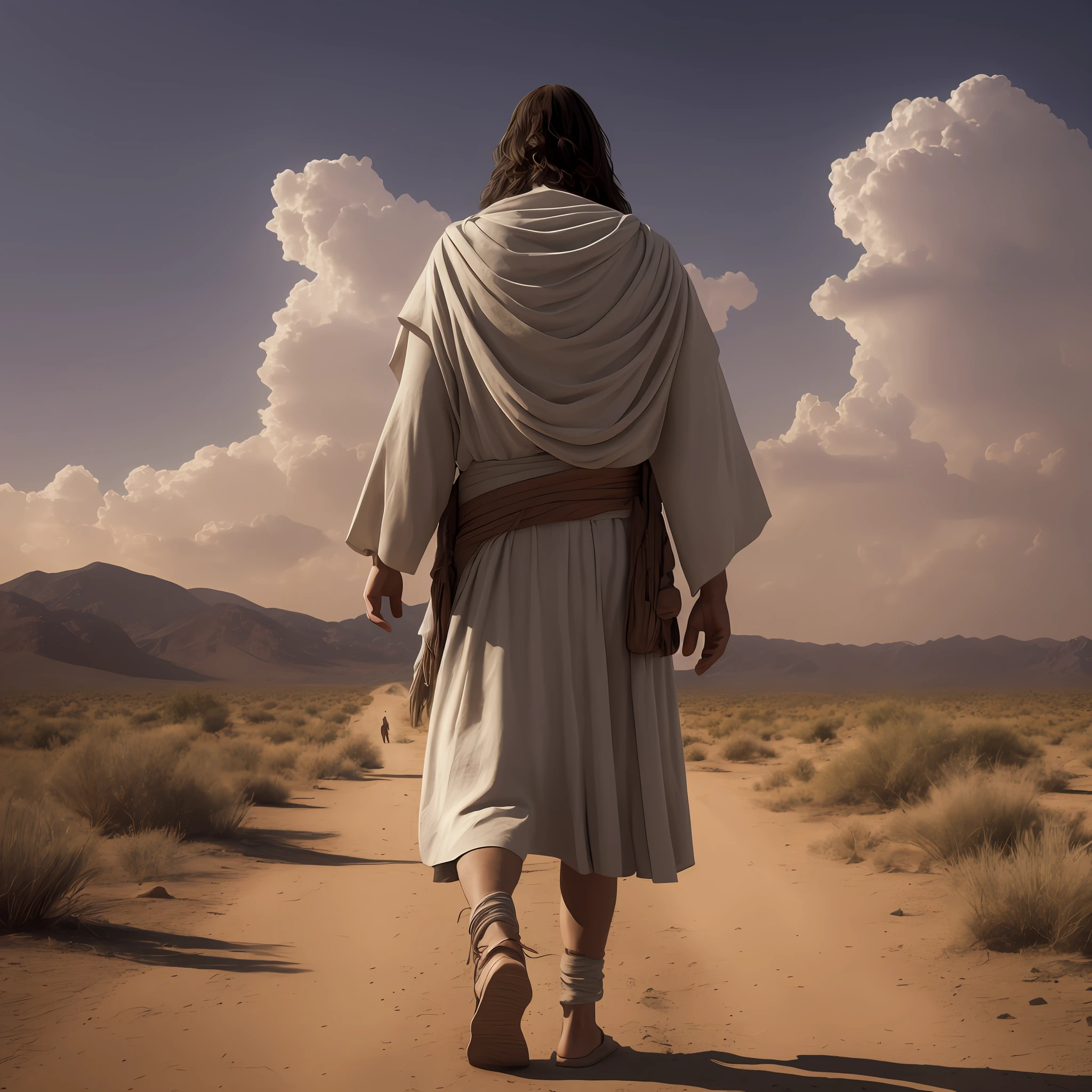 Jesus walking in the distance, on his back in the desert, at dusk, in Christ-time clothes, no accessories, realistic image, 4k, humble appearance, :9, old image, clouds in the sky, zoom out --auto --s2