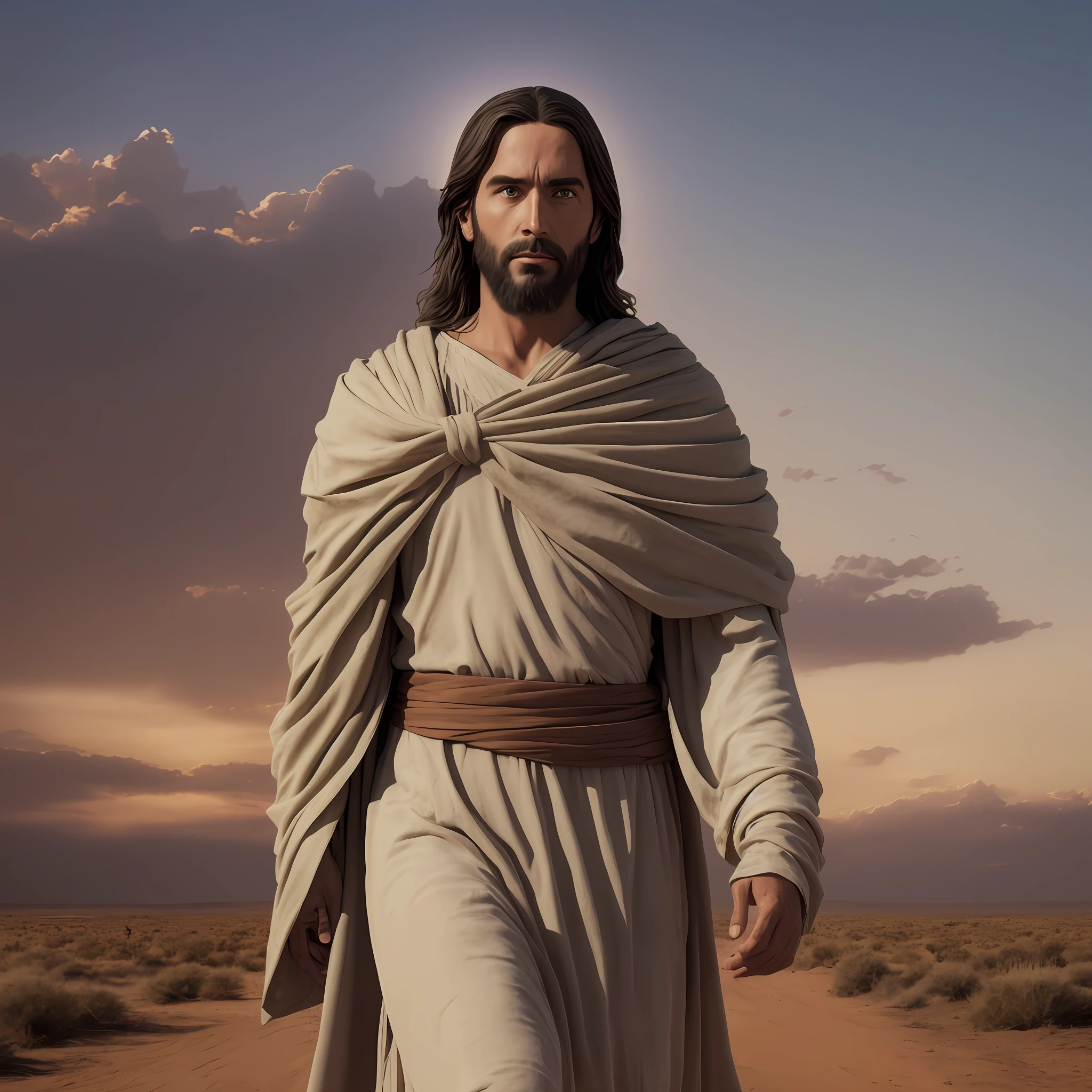 Jesus walking in the distance, on his back in the desert, at dusk, in Christ-time clothes, no accessories, realistic image, 4k, humble appearance, 16:9, old image, clouds in the sky, zoom out --auto --s2