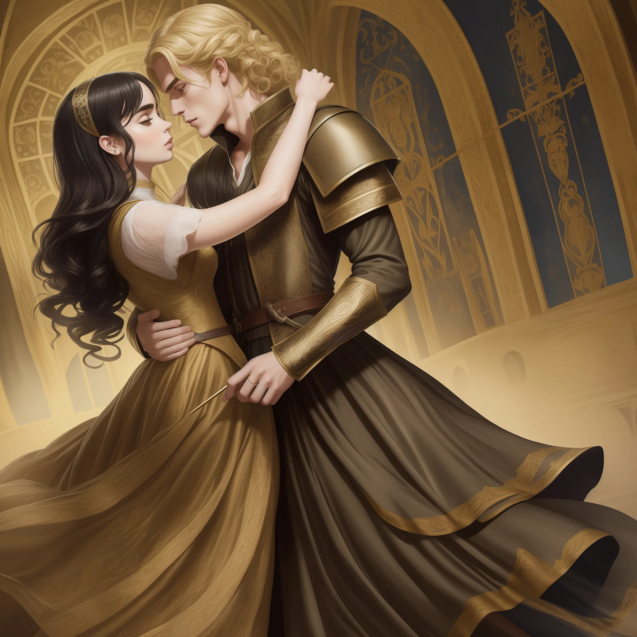 Lily Collins, who has curly black hair, wears a medieval dress. Neels Visser wears medieval military clothes and has blonde hair. The couple is waltzing in the ballroom. The illustration is like a book cover, bright, illuminated, ultra-detailed, elegant art
