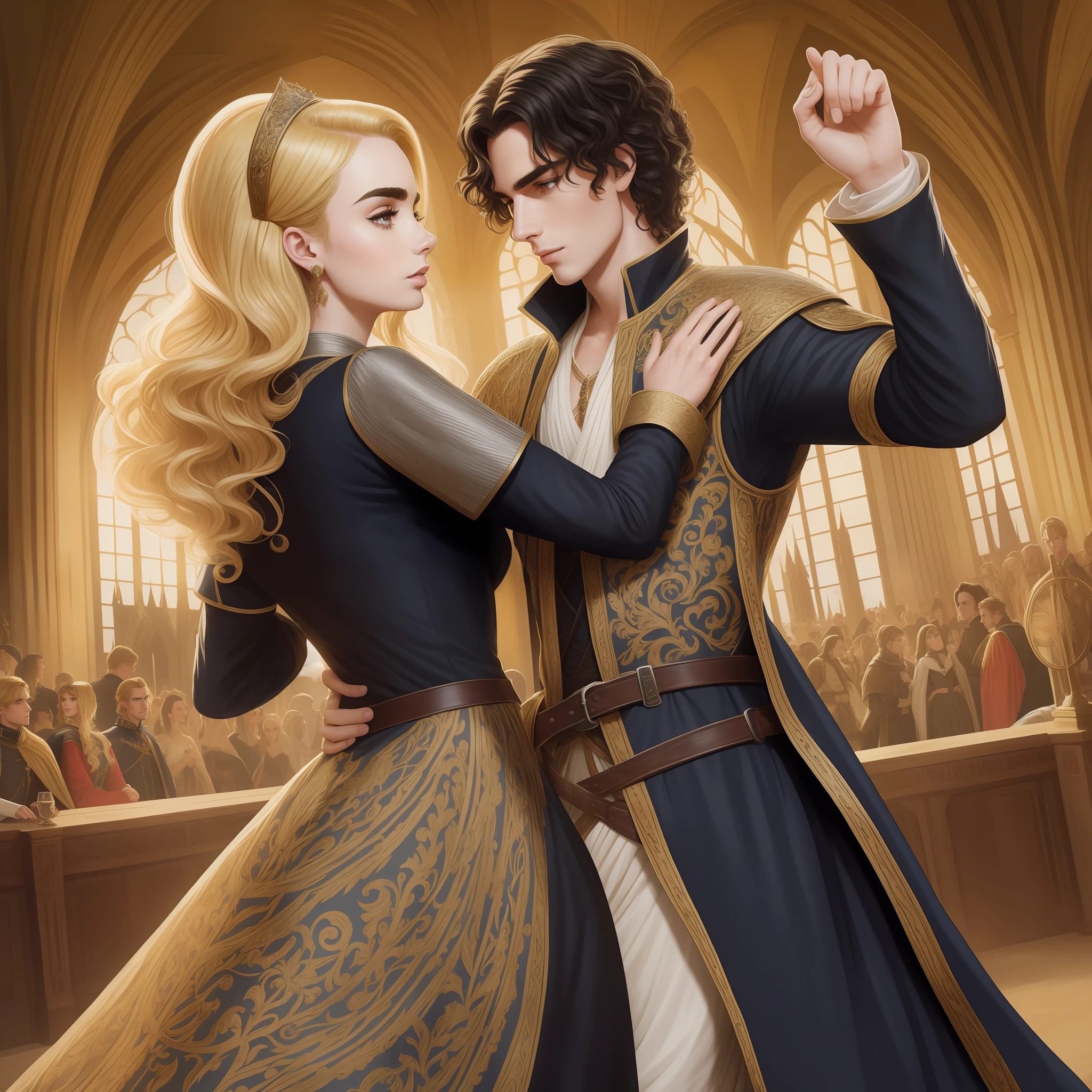 Lily Collins, who has curly black hair, wears a medieval dress. Neels Visser wears medieval military clothes and has blonde hair. The couple is waltzing in the ballroom. The illustration is like a book cover, bright, illuminated, ultra-detailed, elegant art