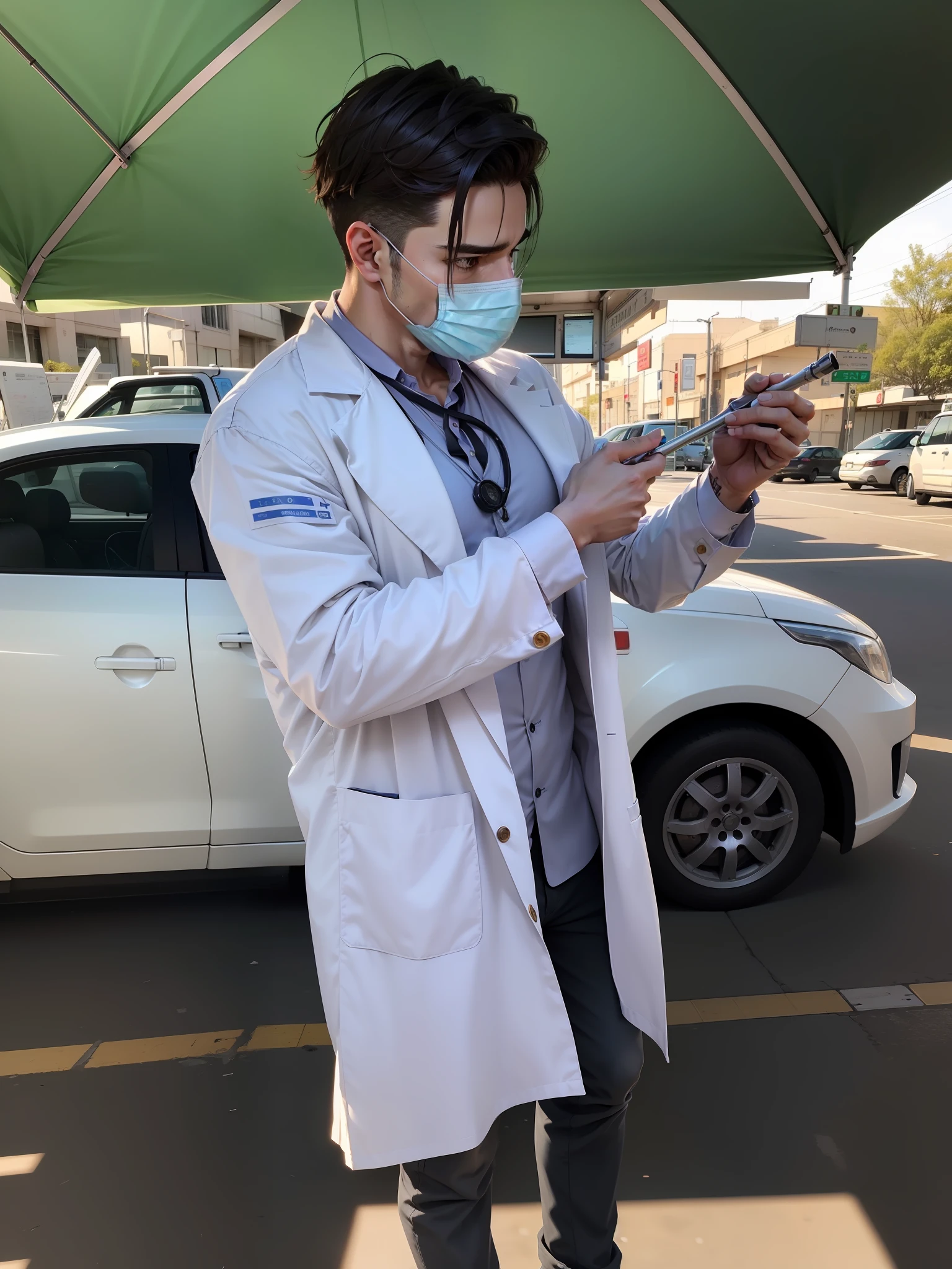 I want this image with this man with a hospital background and a syringe and ampoule in his hand --auto --s2
