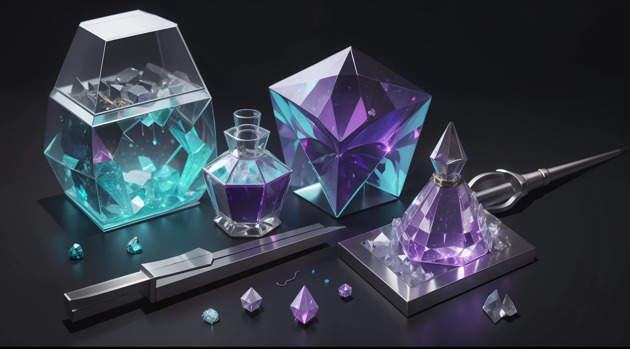 magic tools and potions, shiny crystals, costumes and props, Knolling, Knolling layout, deconstruction, highly detailed, depth, many parts, lumen rendering, 8k