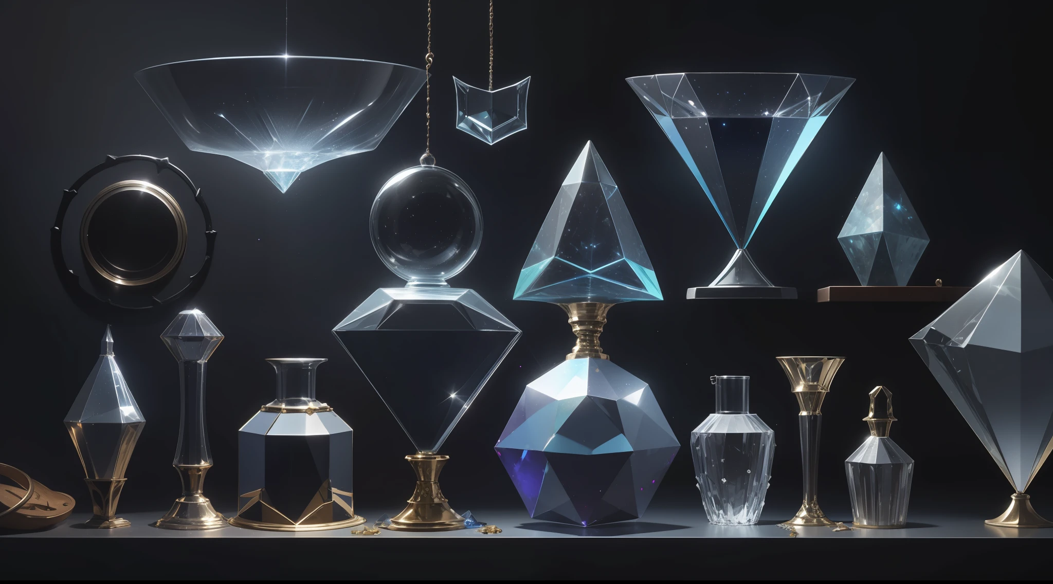 magic tools and potions, shiny crystals, costumes and props, Knolling, Knolling layout, deconstruction, highly detailed, depth, many parts, lumen rendering, 8k