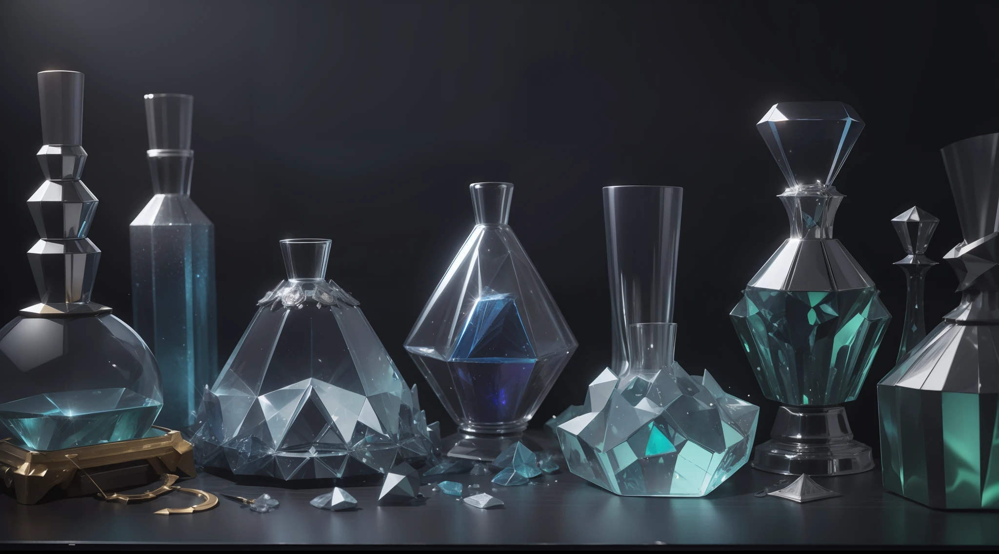 magic tools and potions, shiny crystals, costumes and props, Knolling, Knolling layout, deconstruction, highly detailed, depth, many parts, lumen rendering, 8k
