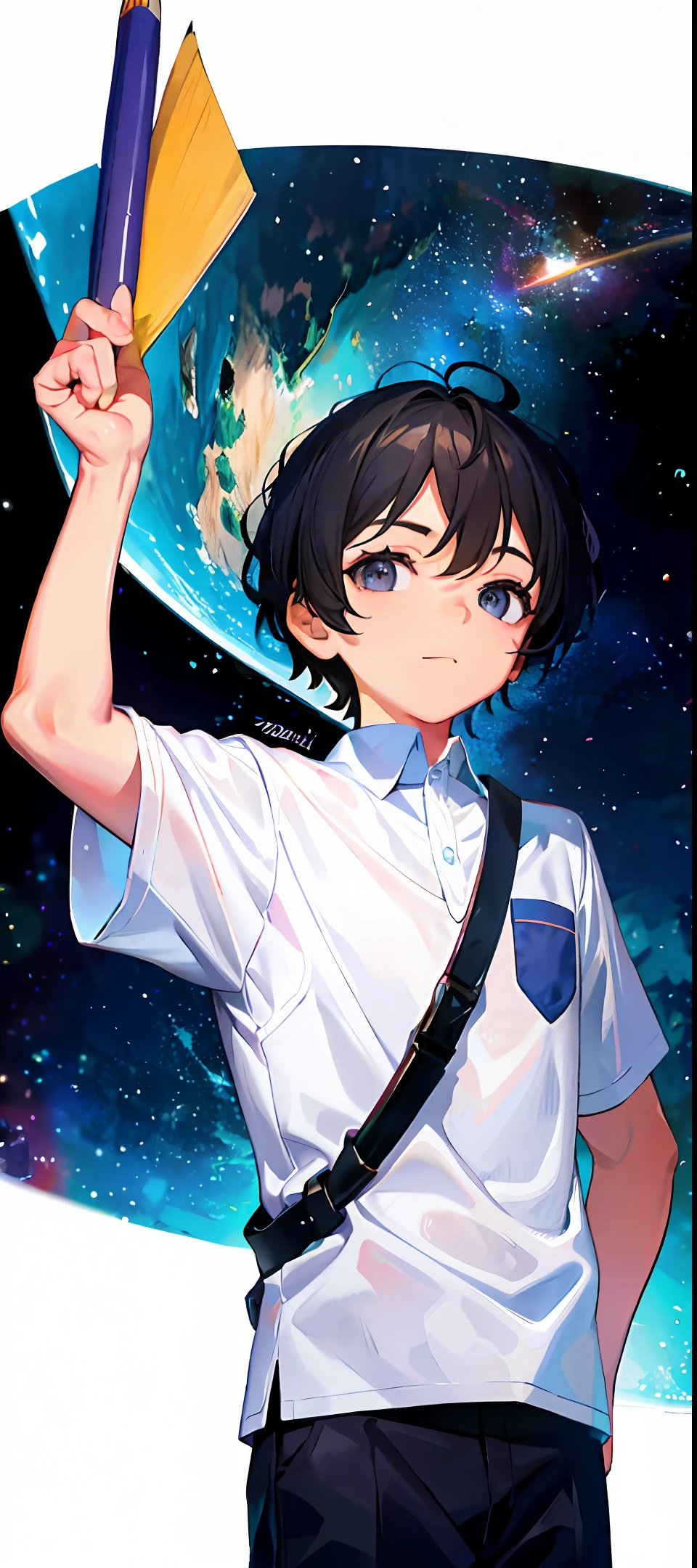 8-year-old boy with a pencil in his hand and the universe behind him